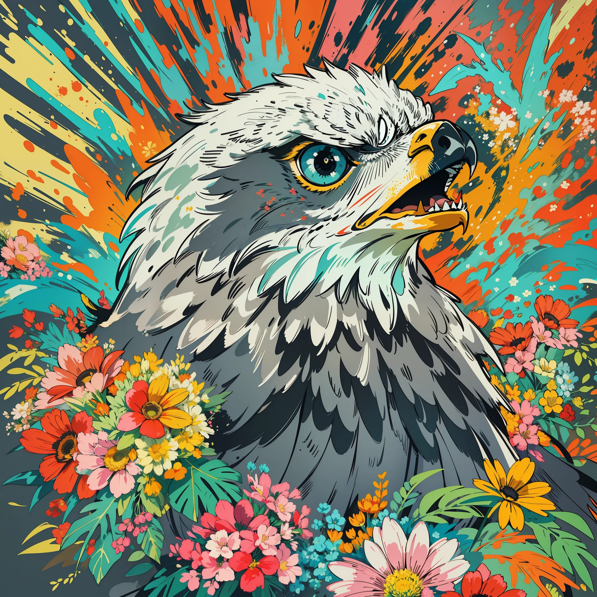 Create digital artwork in the Pop Art style, Featuring an energetic and confident eagle，Street Fashion, movie color scheme, Surrounded by vintage floral patterns, Vibrant strokes,Emotions should be dynamic, Upper body, , illustration, Grayscale, tropical, Many flowers,