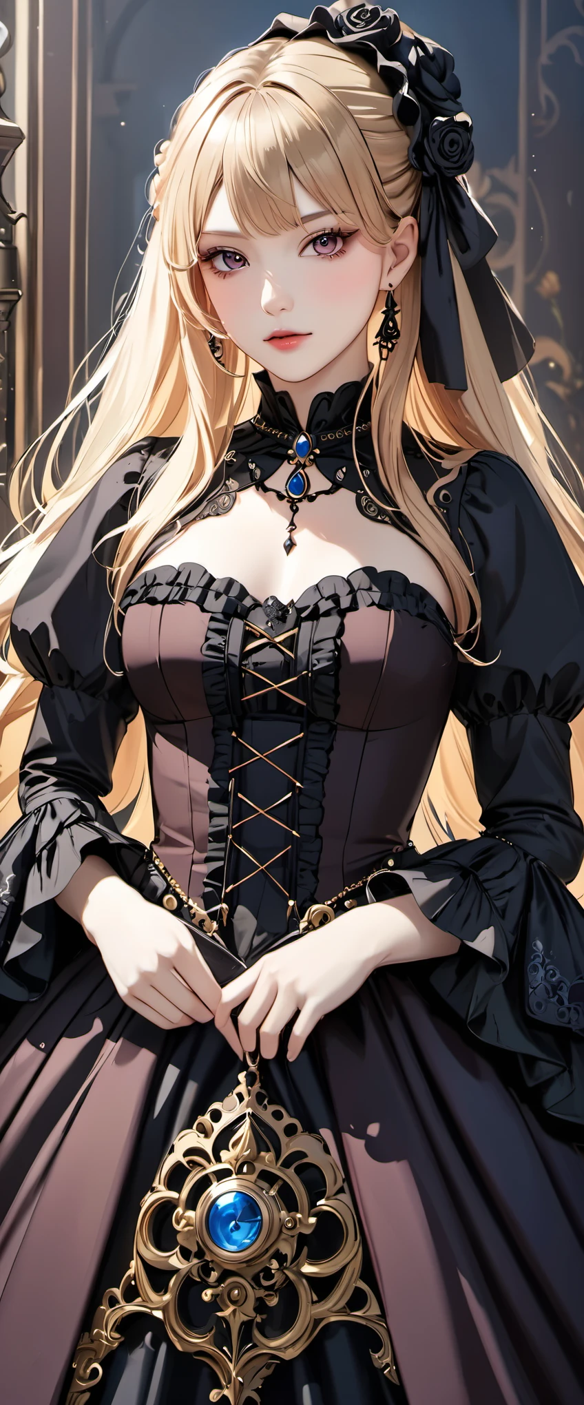 woman wearing dress and boots , baroque dress, wearing a detailed steampunk dress, elegant gothic princess, victorian gothic ta fashion, historical baroque dress dark, black gothic loliress, fantasy style clothing, rococo dress, black rococo, classic witch, fantasy costume, wearing a gothic dress, romantic dress, gothic dress,blonde,,(((upper body portrait)))