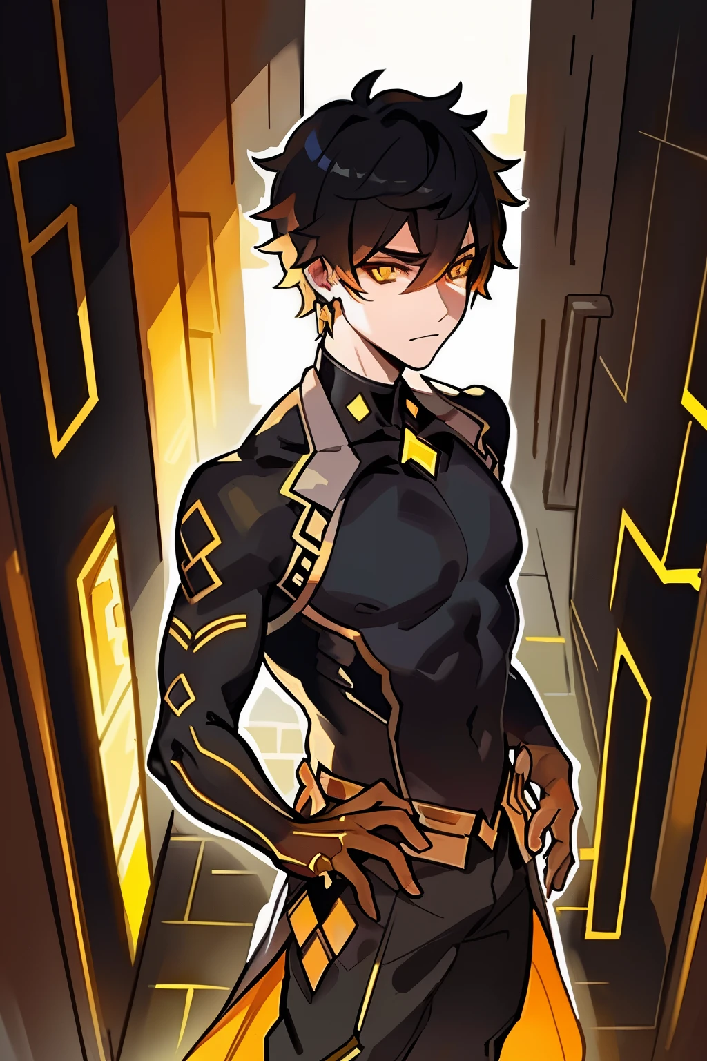 masterpiece, best quality, illustration, urban fantasy, black theme, night, alley, 1boy, mature, very short hair, glowing yellow eyes, black suit