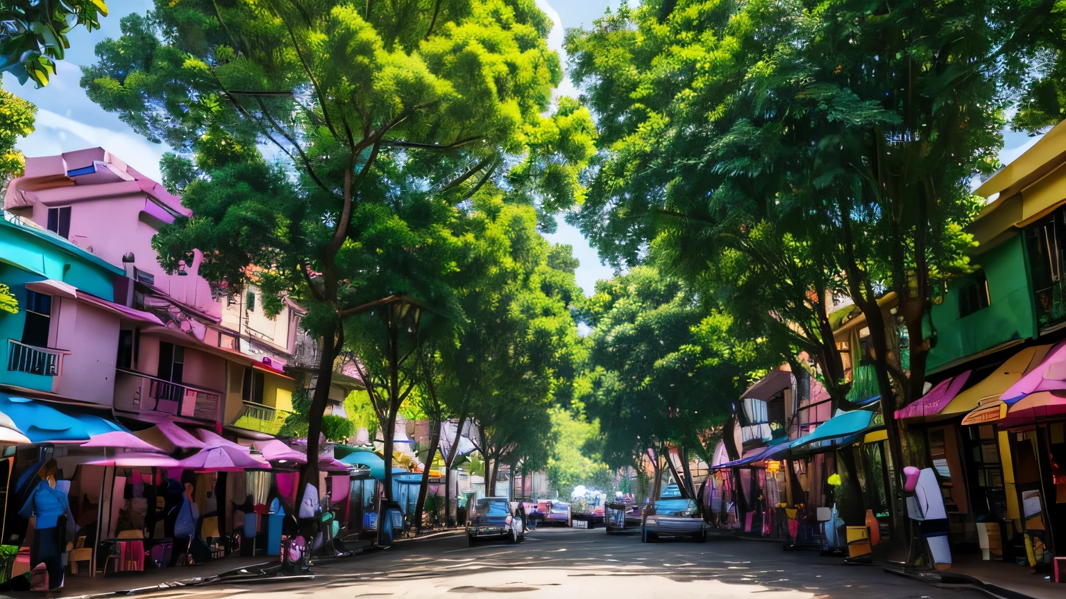 rua barulhenta e vibrante, buildings with unique architectural styles, few lush green trees high resolution(Melhor qualidade, 4K, 8k, high resolution, obra de arte: 1.2) A lively and colorful street scene that catches the viewer&#39;s attention. Distinctive and diverse buildings that add character to the street. Eles podem ser modernos, com diferentes formatos e estilos. A park adjacent to the street, com poucas pessoas ao fundo.
