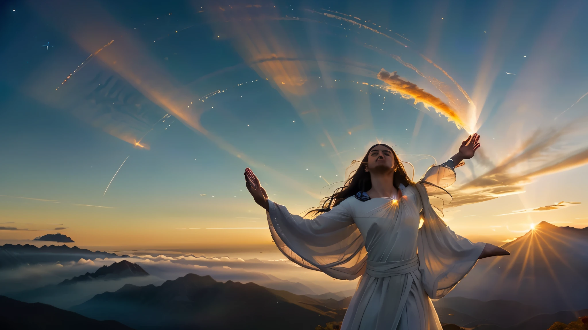 A divine visualization of Jesus, radiating divine grace and serenity, ascends majestically into the heavens, encircled by vibrant beams of celestial light. The backdrop unfolds as a tranquil and ethereal sky, teeming with hues of sunrise or sunset,encoding the radiant splendor of the divine realm. The atmosphere is a profound blend of peace and awe-inspiring reverence, echoing the profound spiritual meaning inherent in the holy celebration of Ascension Day.