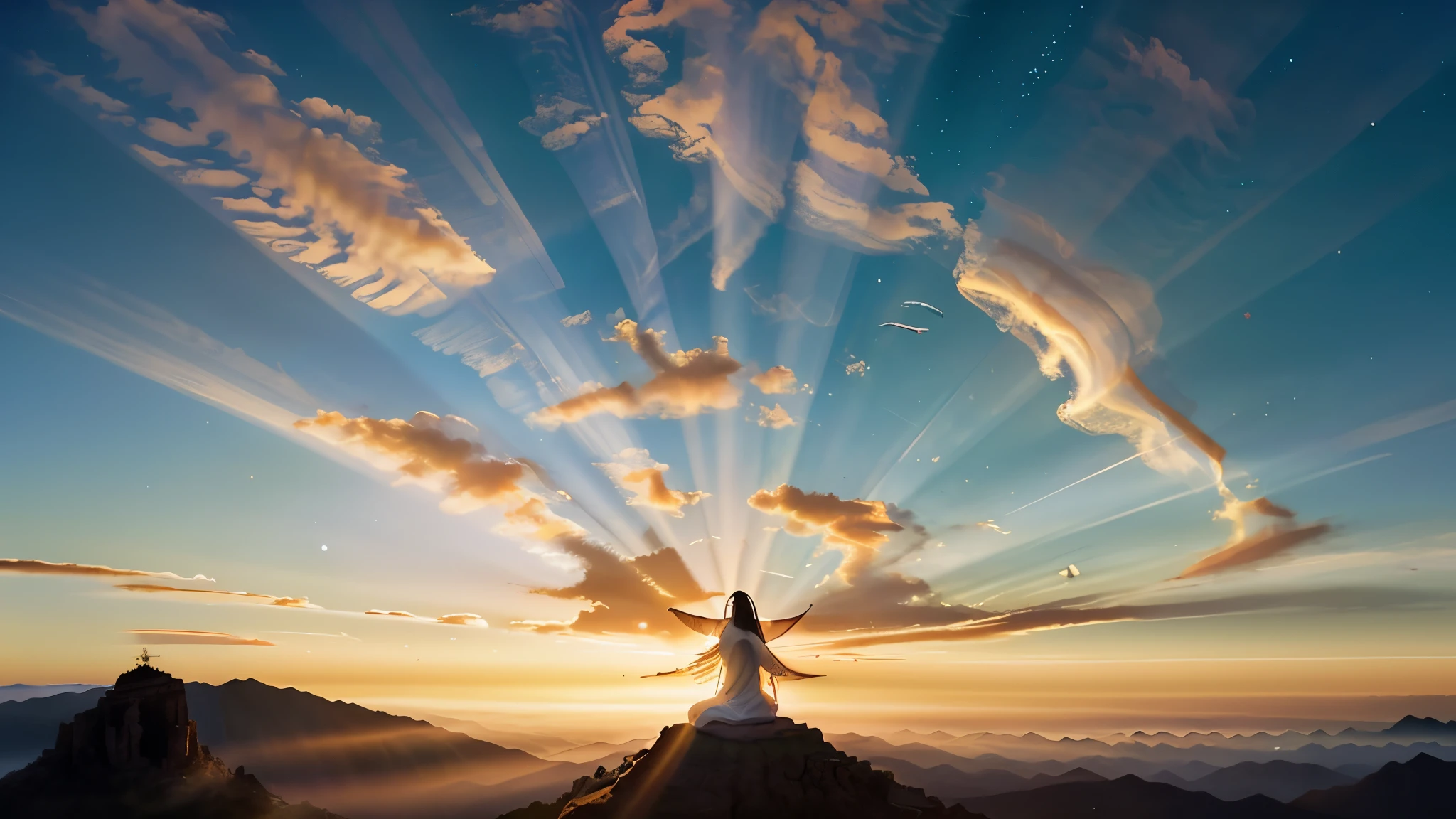 A divine visualization of Jesus, radiating divine grace and serenity, ascends majestically into the heavens, encircled by vibrant beams of celestial light. The backdrop unfolds as a tranquil and ethereal sky, teeming with hues of sunrise or sunset,encoding the radiant splendor of the divine realm. The atmosphere is a profound blend of peace and awe-inspiring reverence, echoing the profound spiritual meaning inherent in the holy celebration of Ascension Day.