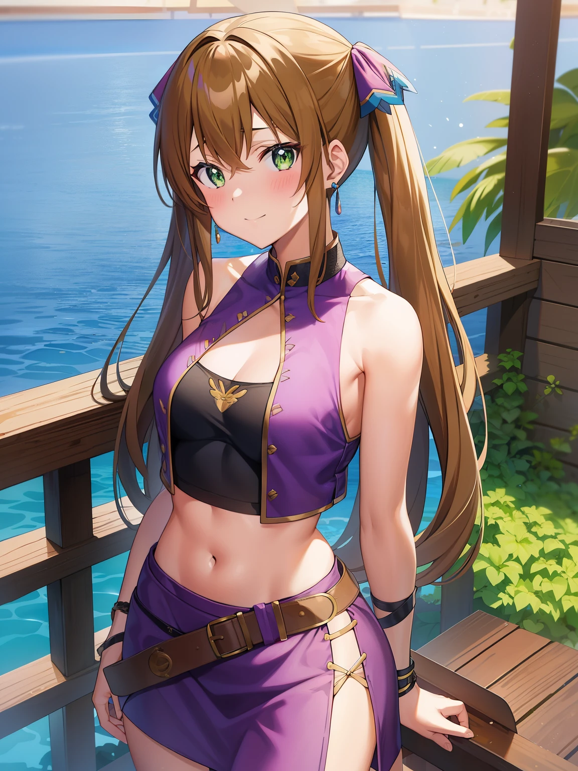 Gargantia on the Verdurous Planet、Melty、bright blush、smile、open your mouth、brown hair、twin tails、green eyes、earrings、white necklace、small breasts、Black crop top、purple vest、Purple skirt、black belt、Are standing、look at the viewer、sea fleet city「Gargantia fleet」girl working as a messenger in。************。Younger than Amy and Tharya、Handsome guyや恋話が好き。「Handsome guy」、Whereas Saaya doesn&#39;t care about her weight.、He seems to be concerned about his weight and style.。His physique is also thinner than the other two.、rather young、I also like mature clothes.。When the fleet splits up、He left the fleet with Pinion, Ledo, and others.、その後クーゲルの船団にGargantia fleetが狙われている事を伝えるべくカイトで単独ガルガンティアへ向かった。