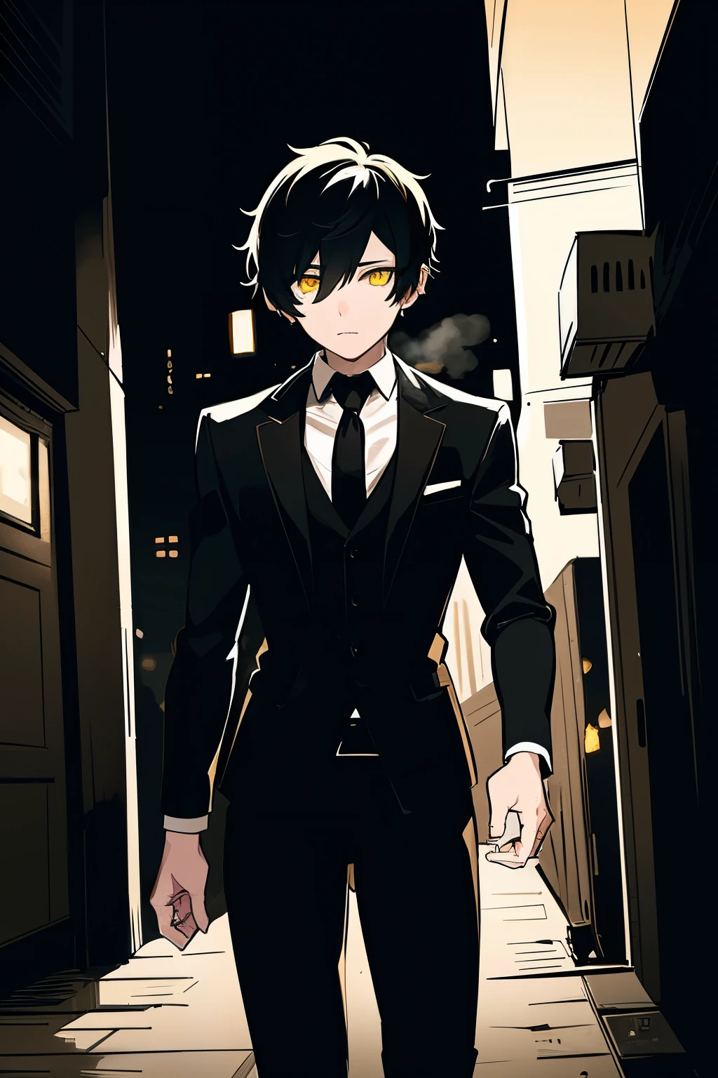 masterpiece, best quality, illustration, urban fantasy, black theme, night, alley, 1boy, mature, very short hair, glowing yellow eyes, black suit