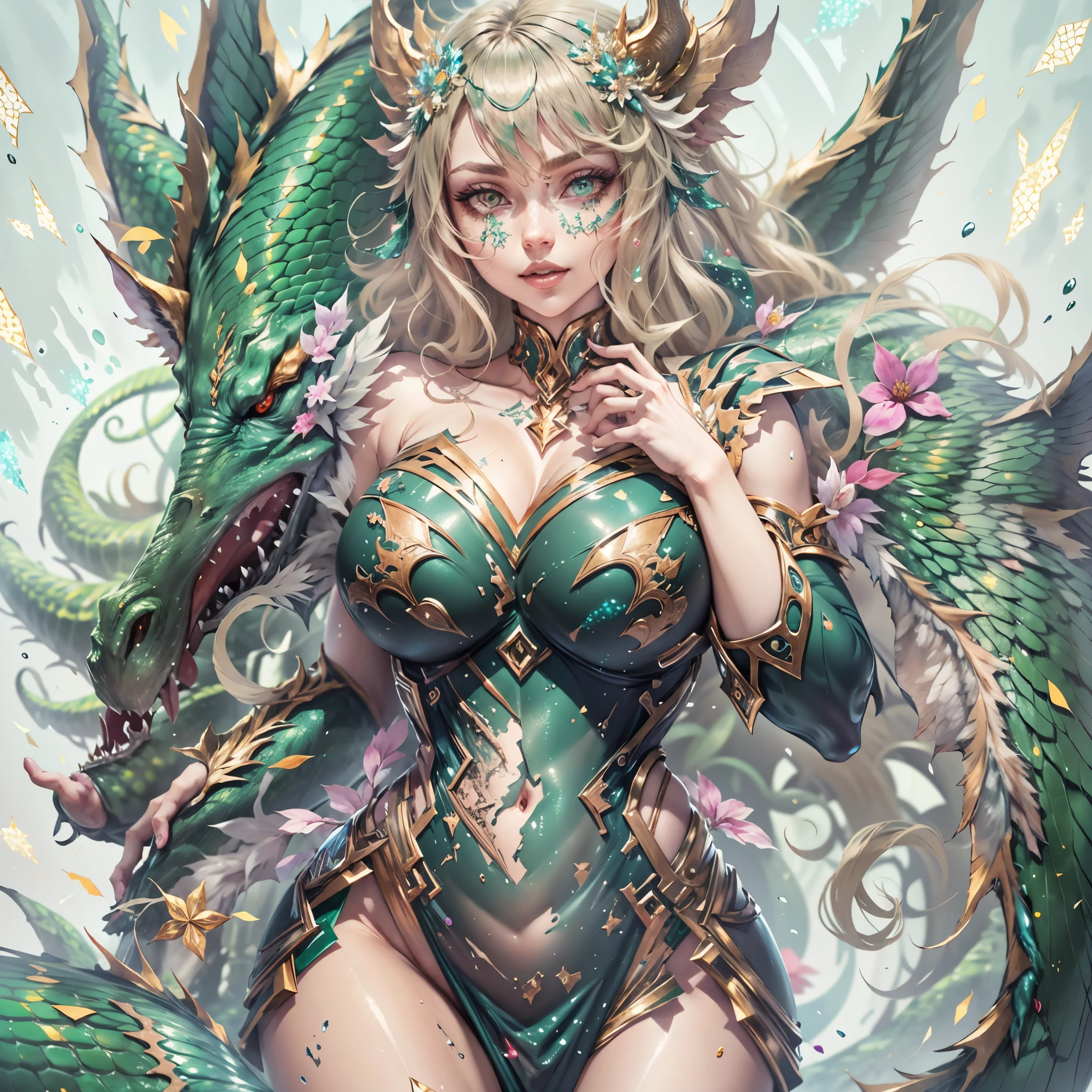 (best quality,4k,8k,highres,masterpiece:1.2), ultra-detailed, realistic, naked sexy dragon woman with green glittering scales, skin is glittering emerald green scales, medium length wavy green hair with blonde highlights, very playful but mischievous smile, huge tits, gigantic breasts, naked, nude, detailed crotch, detailed vulva, detailed pussy, sexy pose, spread legs, spread pussy lips, playful, bi-coloured eyes, heterochromia, lustful