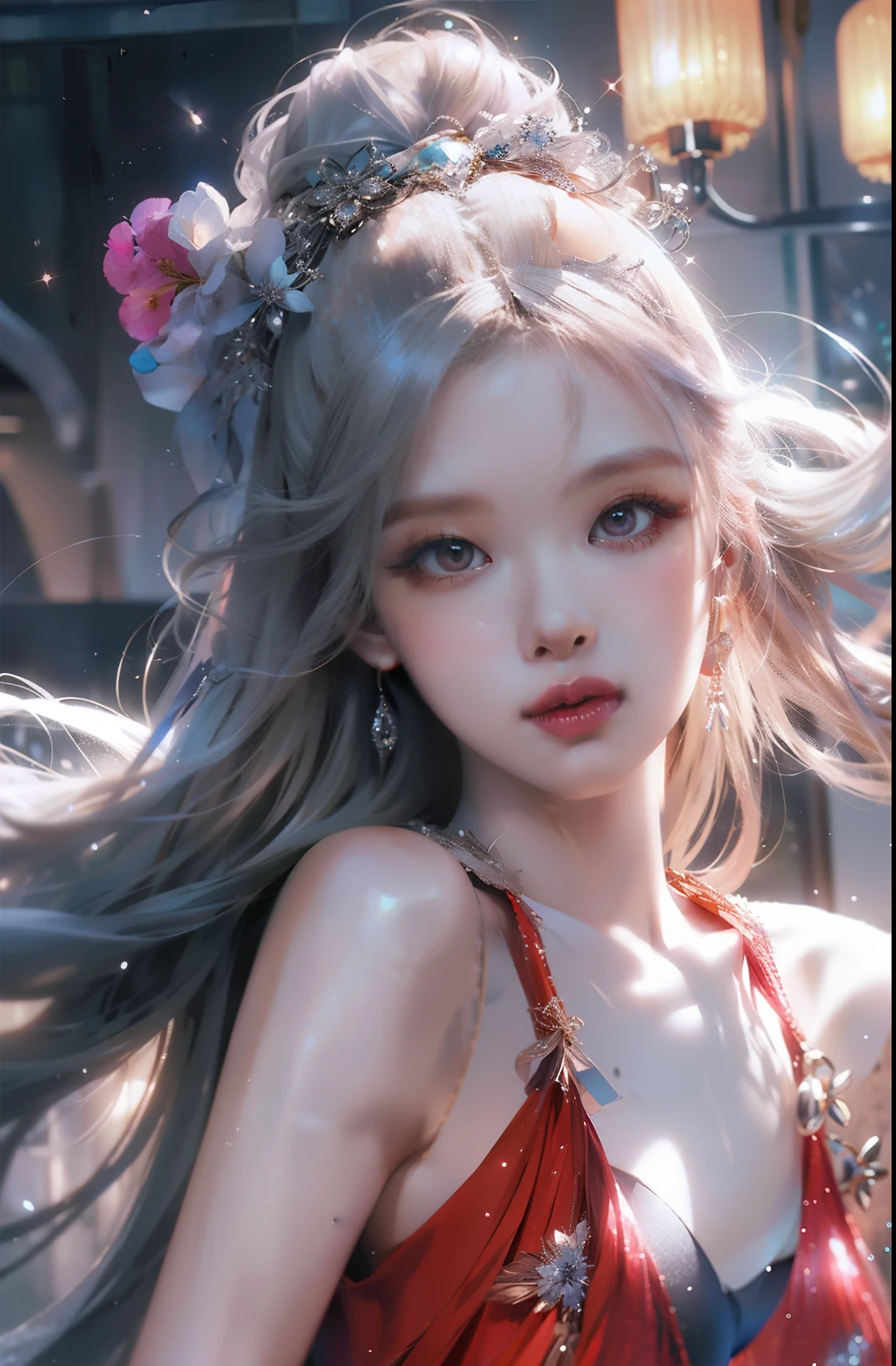 Highest quality work,Photorealistic works,Ultra Premium Graphics,8K HD computer graphics running,high-quality graphics,Beautiful high definition computer graphics running,10x pixels,Ultra-thin parts:1.1,Extended technical details:1.1Photorealistic,Interior lighting effects:1.5,natural light:1.5. light effect(Virtual lighting effects:1.8),Super high resolution,sparkly blue dress,long silver hair,silver hair,Transparent hair,highly detailed hair(Premium hair detail:1.1)Clear eyes,beautiful double eyelid,Bright eye makeup, Delicate eyelash makeup, Thin eyebrows, Ultra detailed eyes,High nose, lovely red lips, pink cheeks, Face with delicate makeup , Beautiful face, perfectly proportioned face,(Enhanced facial details:1.1)Collection of brilliant blue luxury dresses,Blue dresses with sequins,Coat with sequins,brilliant,narrow long skirt,Summer Sexy Fishtail Sleeveless Commuter Maxi Loincloth,Horse stockings 100%Oil Gloss Panst Gloss Silk Luster 8D Black Silk Women,Stiletto heels,Beautiful long dresses,Wonderful Dress,Bright Red Series.,Collection of couture dresses,Photography of dresses,Authentic dresses work,in the banquet hall,Women's creativity,full view,Goddess Dresses,realism,amazing,Today's eyes are bright