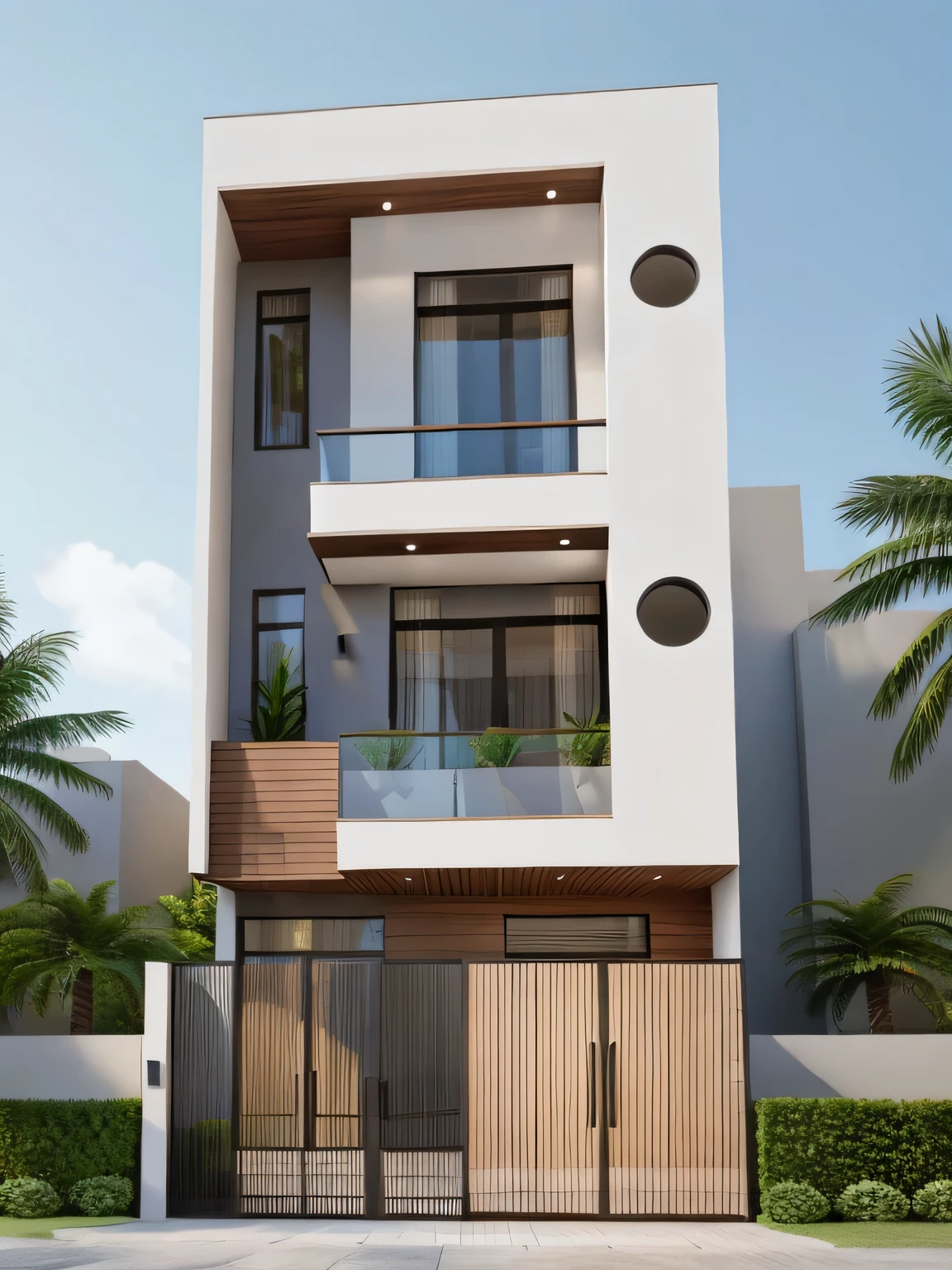 RAW photo, daylight, Masterpiece, high quality, best quality, authentic, super detail, townhouse, modern house, glass windows, (wooden ceiling:1.1), railing glass, gate, fence, (curve:1.1), tropical trees, day, beautifu sky, (ultra realistic, masterpiece, best quality, raw photo, 8k)