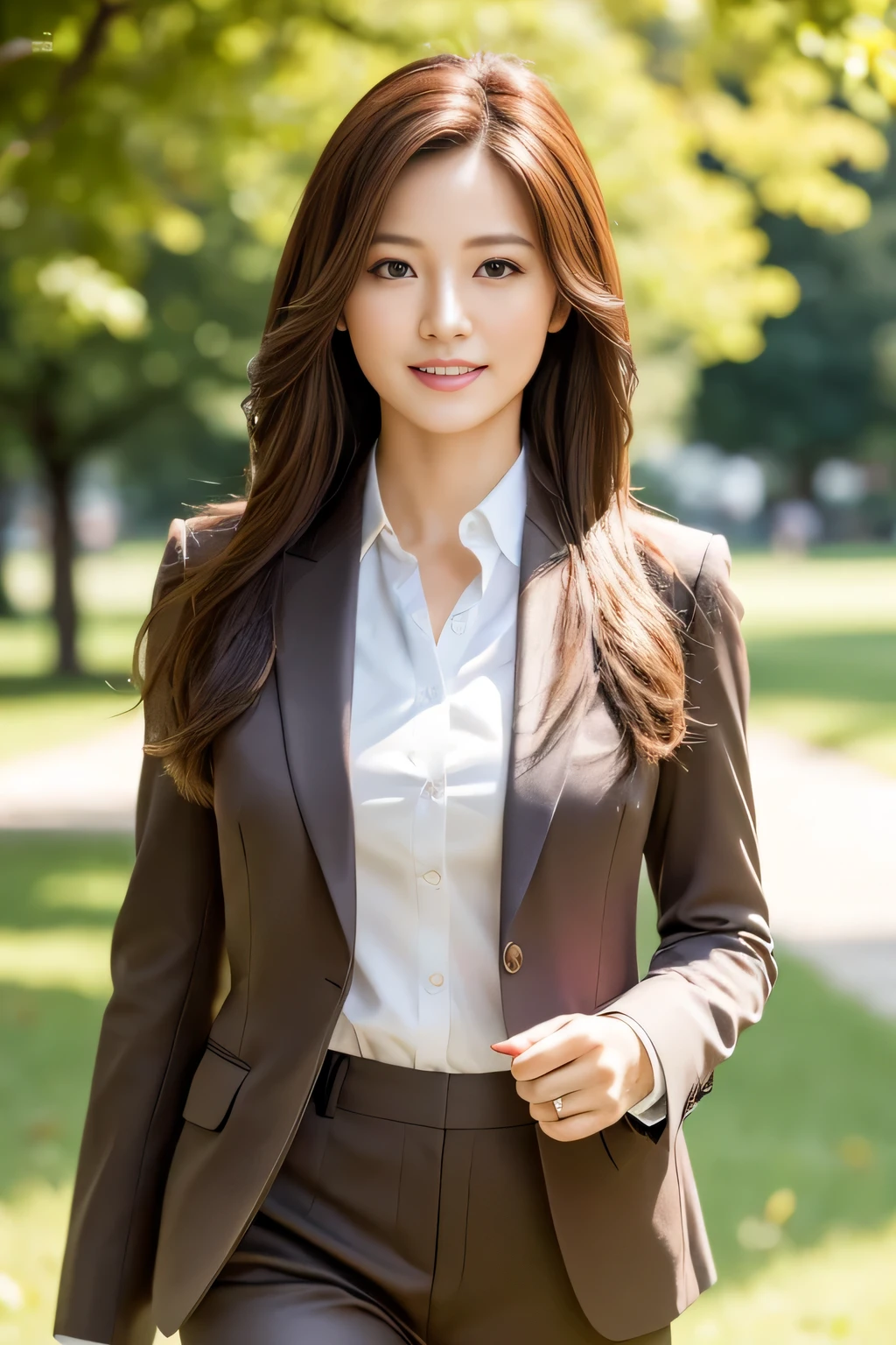 table top, highest quality, realistic, Super detailed, finely, High resolution, 8k wallpaper, 1 beautiful woman,, light brown messy hair, wearing a business suit, sharp focus, perfect dynamic composition, finelyて美しい目, thin hair, Detailed and realistic skin texture, smile,  model body shape、beautiful feet、walk in the park