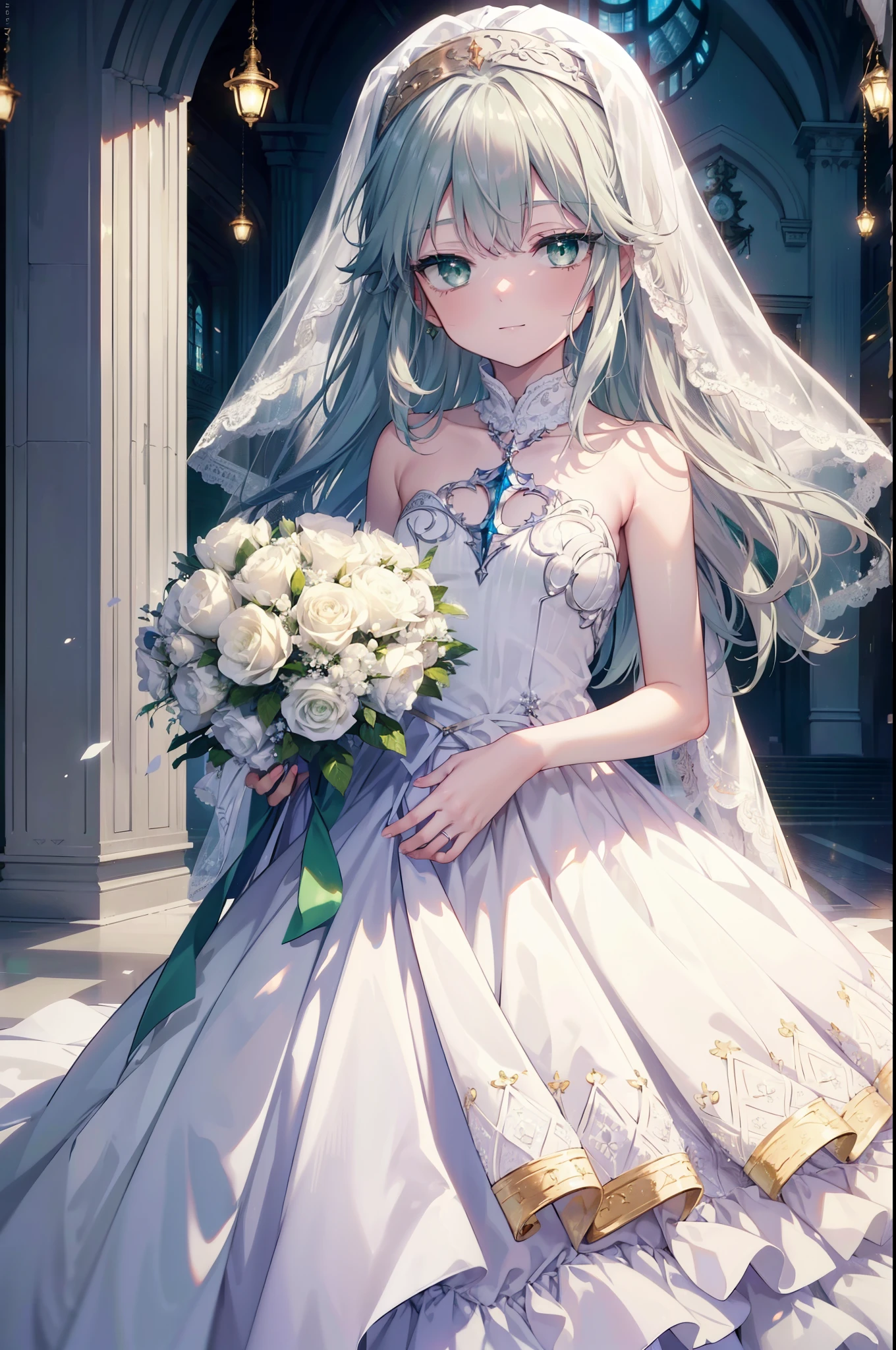 index, index, (green eyes:1.5), silver hair, long hair, (flat chest:1.2), Wedding dress,veil wedding skirt,bouquet,bouquetトス,holding a large bouquet of flowers in both hands,Stand Glass, happy smile, smile, 口を開ける
break looking at viewer, Upper body, whole body,
break indoors, church,chapel,
break (masterpiece:1.2), highest quality, High resolution, unity 8k wallpaper, (figure:0.8), (detailed and beautiful eyes:1.6), highly detailed face, perfect lighting, Very detailed CG, (perfect hands, perfect anatomy),