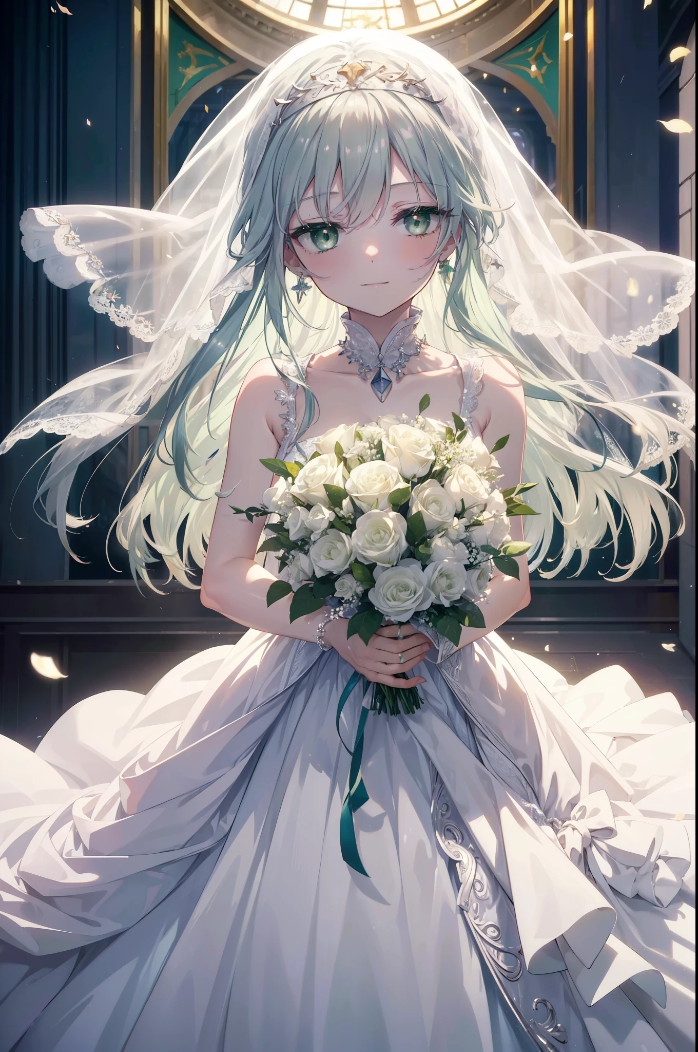 index, index, (green eyes:1.5), silver hair, long hair, (flat chest:1.2), Wedding dress,veil wedding skirt,bouquet,bouquetトス,holding a large bouquet of flowers in both hands,Stand Glass, happy smile, smile, 口を開ける
break looking at viewer, Upper body, whole body,
break indoors, church,chapel,
break (masterpiece:1.2), highest quality, High resolution, unity 8k wallpaper, (figure:0.8), (detailed and beautiful eyes:1.6), highly detailed face, perfect lighting, Very detailed CG, (perfect hands, perfect anatomy),