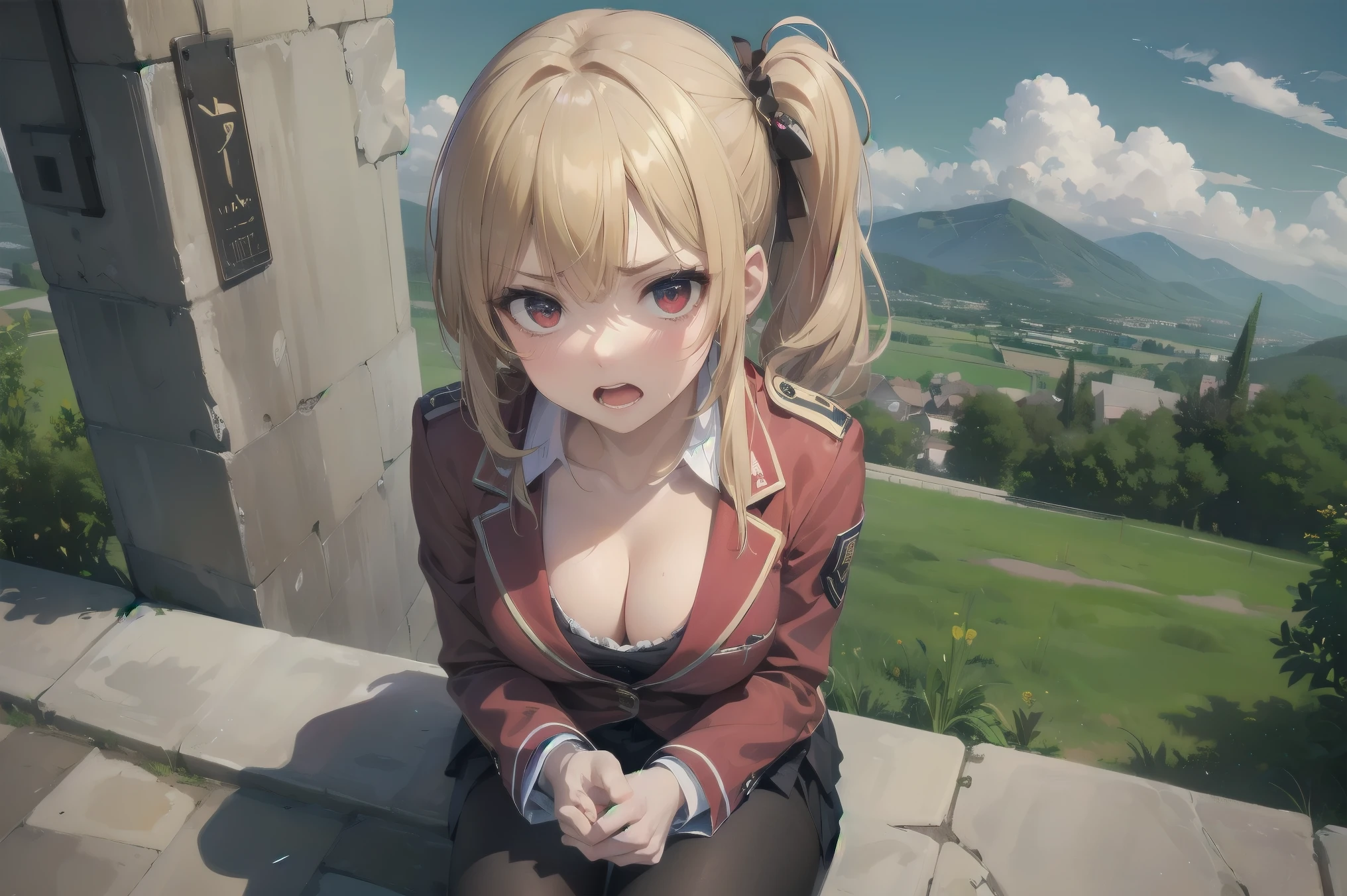 (Masterpiece: 1. 2), (Top quality: 1. 2), Perfect eyes, Perfect face, Perfect lighting, Mountainous horizon, Superb girl like beauty, Blonde hair, Top half, Cleavage, Red eyes, Braids, Side ponytail, Bangs, Bobbed hair, Poofy hair, Cute eyes, Great bust, (From bottom), Raw description, Orgasm, Despair and Fear, Erotic Bitch Virgin, Raped, Angry, Sideways, Bewitching, Cute design branded blazer uniform, Cute ornaments, Sitting, Arms crossed, (from above: 1.2)