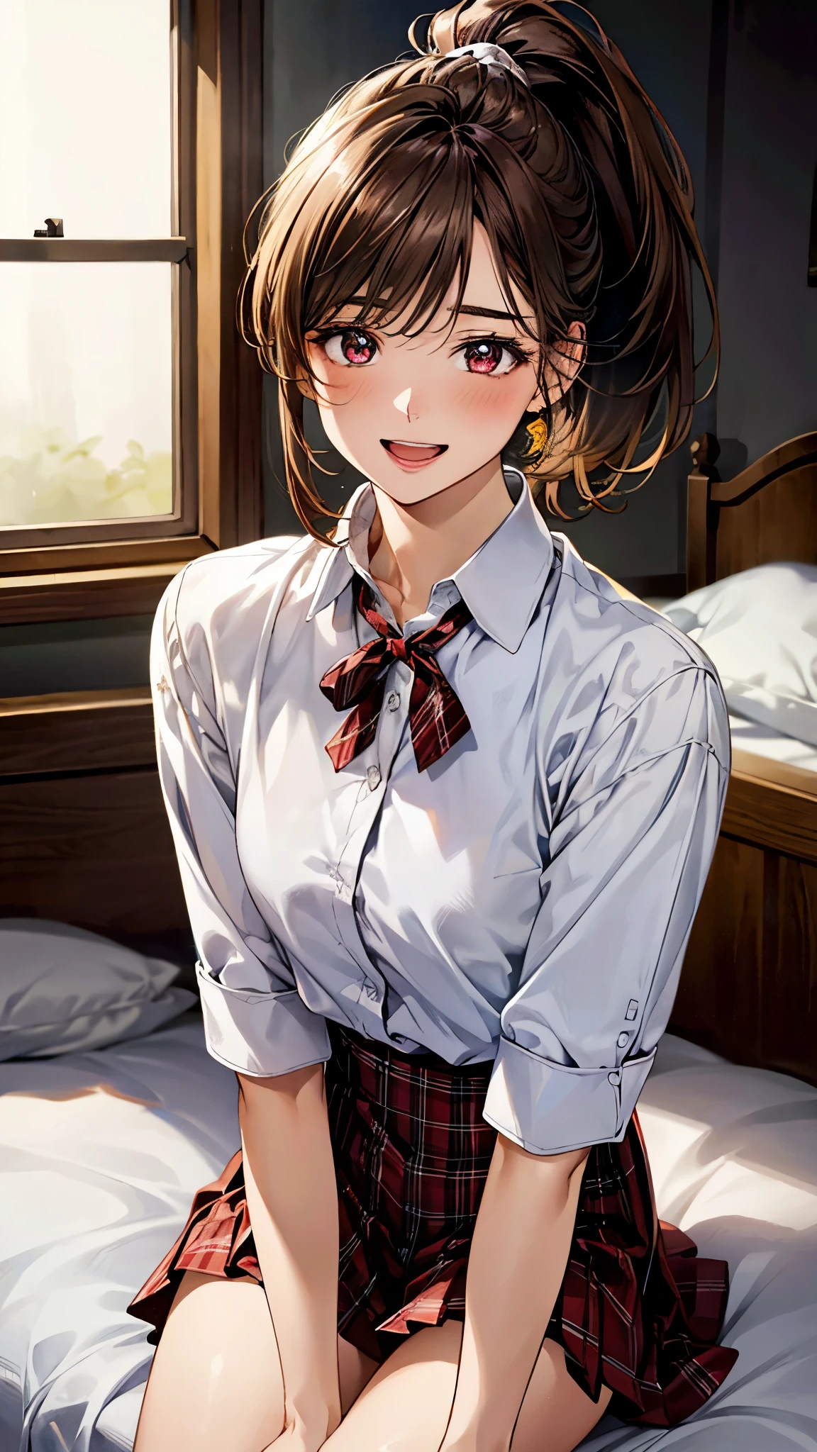 (masterpiece:1.3, top-quality, ultra high res, ultra detailed), (realistic, photorealistic:1.4), beautiful illustration, perfect lighting, natural lighting, colorful, depth of fields,
beautiful detailed hair, beautiful detailed face, beautiful detailed eyes, beautiful clavicle, beautiful body, beautiful chest, beautiful thigh, beautiful legs, beautiful fingers,
looking at viewer, front view:0.6. 1 girl, japanese, high school girl, perfect face, (perfect anatomy, anatomically correct), cute and symmetrical face, face, , shiny skin,
(short hair:1.7, high ponytail:1.6, brown hair), crossed bangs, dark brown eyes, slant eyes, long eye lasher, (medium breasts), slender,
(collared white shirt, dark red plaid pleated skirt, dark red neck ribbon), bottomless,
(beautiful scenery), evening, (bed room), sitting bed, (seductive smile, upper eyes, open mouth),