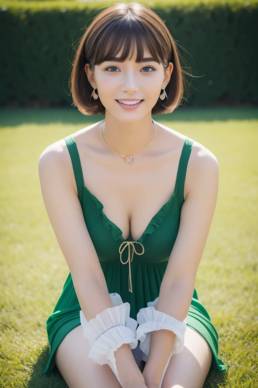 (8K, Raw photo, highest quality, masterpiece:1.5), Super detailed, ultra high resolution, 8k wallpaper, huge file size, (realistic, realistic Photo:1.37), Beautiful girl very knowledgeable, highly detailed face, very fine eyes, very fine skin, very fine fingers, very small nose, Highly detailed detailed mouth, highly detailed background, very detailed costume, perfect anatomy, Anatomically perfect hands, (whole body from thighs:1.5), (1 person), 20 year old female, beautiful Japanese faces, (young face), (perfect body:1.1), pure erotic face, slender body, slender body shape, The beauty of slim abs, thin waist, High-definition skin quality, Fair skin, glowing skin, ruddy skin, long and thin legs, light brown delicate soft hair, feminine adult french bob, layer cut, (dull bangs:1.2), natural smile, beautiful teeth, beautiful small face, realistic face, beautiful actress'natural makeup, eyes with long eyelashes, charming brown eyes, Plump and glossy pink lips, My cheeks turned red, necklace, earrings, beautiful and detailed eyes, well-shaped small breasts, Cute little pink areolas, plump ass, stare at the viewer with a greedy expression, dynamic lighting,
((she、She is wearing a green dress made of Latin fabric with a plunging neckline.。., There are cute ruffles on the hem and cuffs..)),
Large garden at a luxury resort, (white room), blur the background,
((Sitting in a beautiful posture on a wide meadow, Touching your own with your hands)),
tilt your head a little, perspective from above,
The bright morning light illuminates the area,