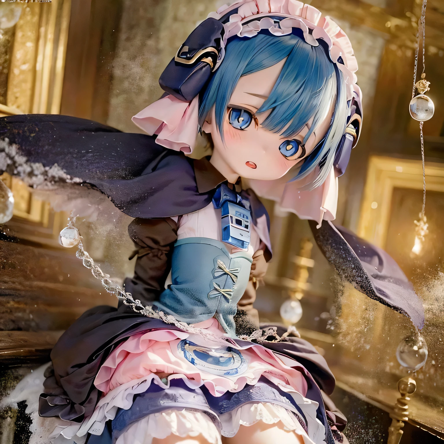 (highest quality, High resolution, masterpiece:1.2),Super detailed,realistic:1.37,Maluluk from Made in Abyss,(highest quality, High resolution, 4k, Super detailed, masterpiece:1.2), realistic, HDR, Bright colors, sharp focus, studio lighting, extreme details, Professional, Portrait, anime, blue tone, Natural light, 10 year old girl, blonde curly hair, flat chest, gothic lolita clothing, innocent look, delicate features, long eyelashes, expressive eyes, rosy cheeks, soft lighting, dreamy atmosphere, quirky background(((((((bow)))))))The whole body drinks tea in the mansion