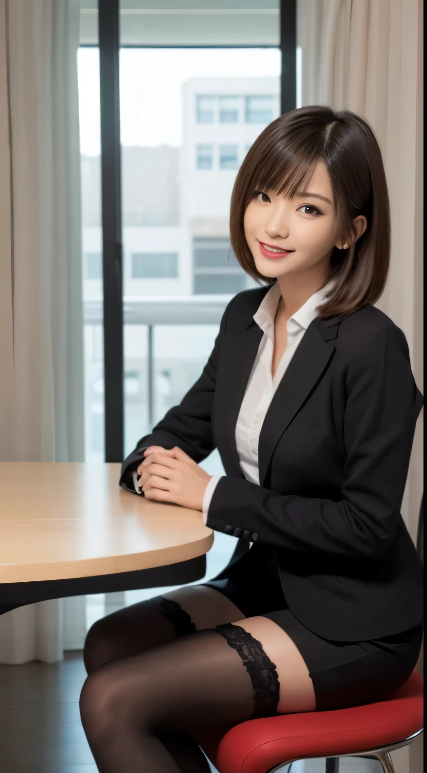 Face the front of your body at the camera:1.8, Composition looking up from below:1.8, pantie shot:1.8, Business suits:1.8, White blouse with collar:1.8, Black jacket:1.5, a miniskirt:1.5, white  panties:1.5, Panties look bright and clear:1.3, Dress reliably:1.8, s Office:1.8, Squatting in front of an office desk with knees bent:1.8 ,Show off panties:1.5, Dressing:1.8, Smiling smile:1.3, 1girl in, 独奏, 18year old, 7headed body, Ideal ratio body proportions, erectile nipple, short-hair, A dark-haired, With bangs, small tits, A slender, Small buttocks, beauty legs, Skinny Legs, surrealism, Cinematic lighting, depth of fields, One-person viewpoint, F/1.8, 135 mm, nffsw, masutepiece, ccurate, ((Anatomically correct:1.3)), Textured skin, Super Detail, high details, High quality, awardwinning, Best Quality, hight resolution, 8K