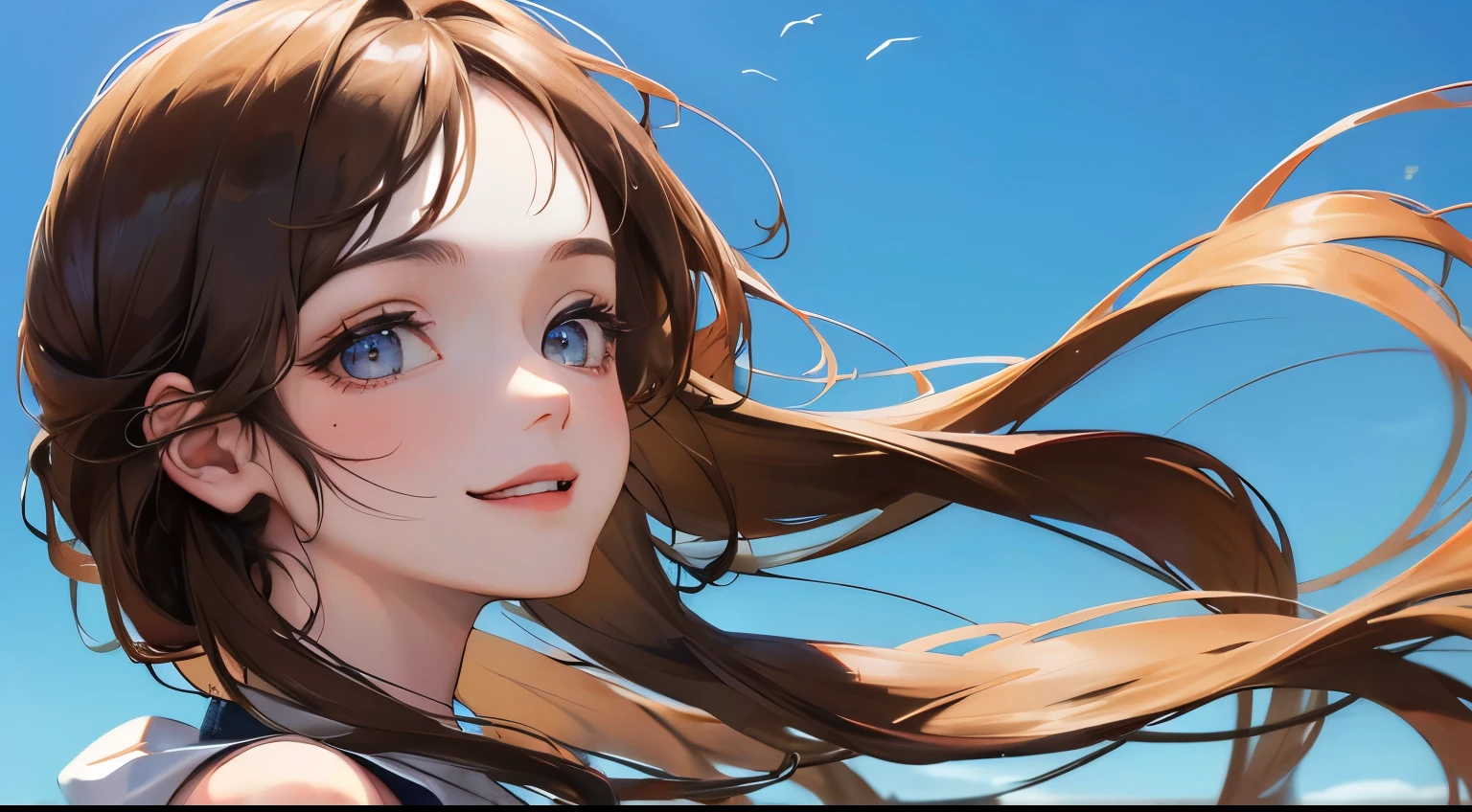 (((one girl)))、(Wind))、Masterpiece,best quality, (((View from the side))), determined expression, ((Smile))、white sleeveless shirt、upper body diagram、
(highest resolution、clear_image)、best quality、contrast of light and shadow、((illumination))、very detailed、semi-realistic、medium long hairstyle、brown hair、bangs、25 years old、office Lady,,young、((blue sky background))、delicate facial features facial features、