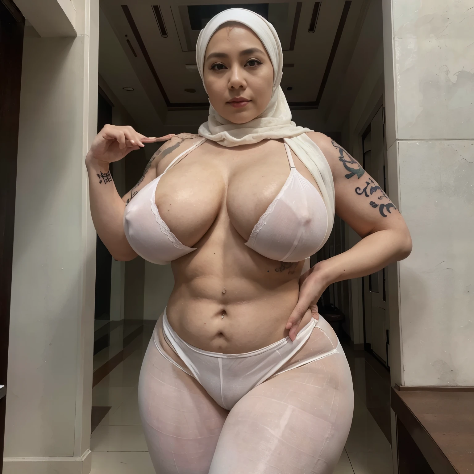 55 Years old, Indonesian mature woman, (wearing Wide Hijab, PAWG, BBW), (White Like Porcelain Skin), ((perfect Six pack abs)), (natural Saggy Gigantic breast :1.3), ((Tattooss body : 1.4)), Lewd Red lipstick, gorgeous eyes, Soft smile, wear a red lace bra and a tight transparent legging, necklace, Alluring Face, Erotic pose, DayTime walk, City Auditorium, Excellent lighting, Light colors, Clean lines