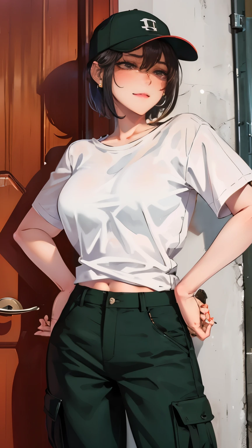 super resolution,
(realistic:1.3),
(1 slim girl), stylish girl, fashion,
young face, blush, (evil smile),
(slim) thigh,
baseball cap, earrings,
(black t-shirt), (baggy cargo pants),
gravure,
Rainy streets