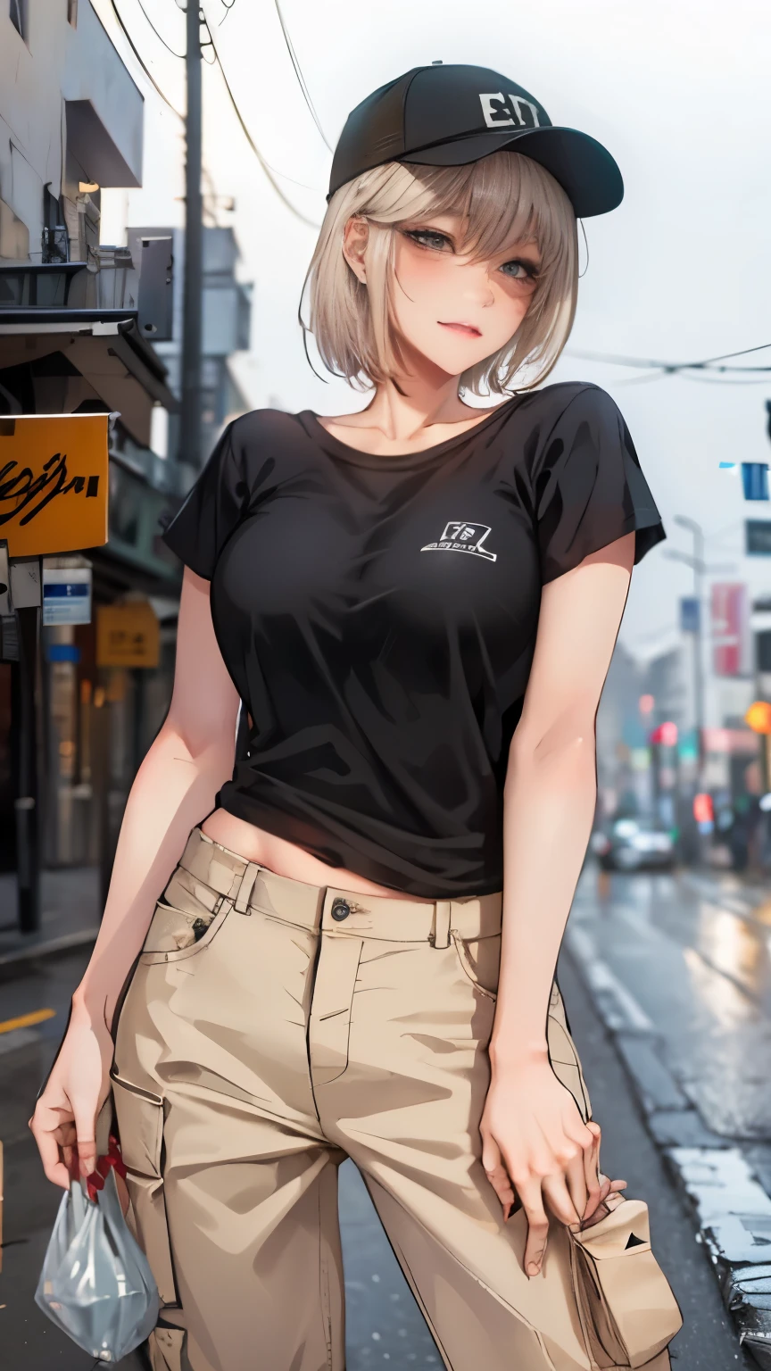 super resolution,
(realistic:1.3),
(1 slim girl), stylish girl, fashion,
young face, blush, (evil smile),
(slim) thigh,
baseball cap, earrings,
(black t-shirt), (baggy cargo pants),
gravure,
Rainy streets