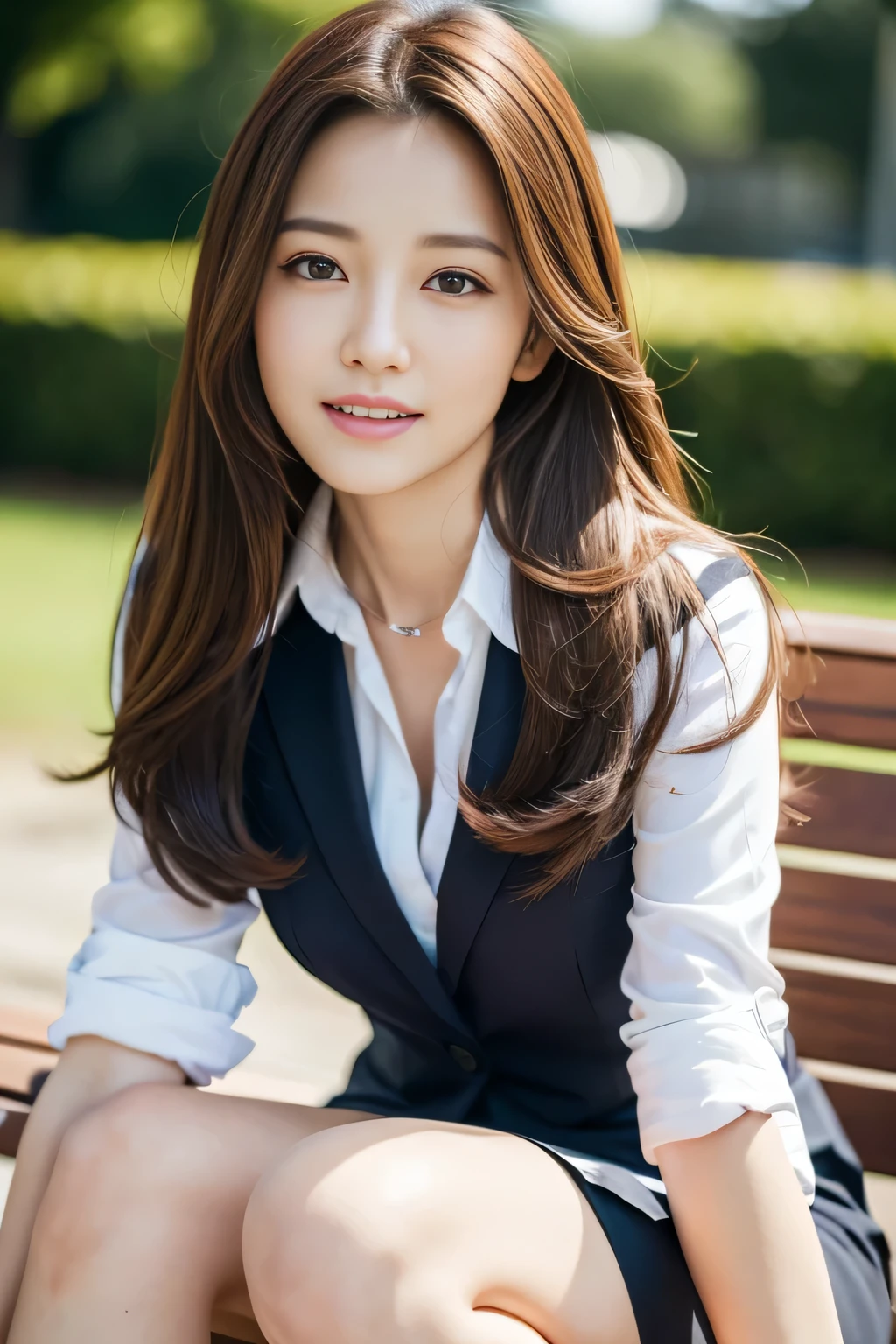 table top, highest quality, realistic, Super detailed, finely, High resolution, 8k wallpaper, 1 beautiful woman,, light brown messy hair, wearing a business suit, sharp focus, perfect dynamic composition, finelyて美しい目, thin hair, Detailed and realistic skin texture, smile,  model body shape、beautiful feet、sit on a park bench