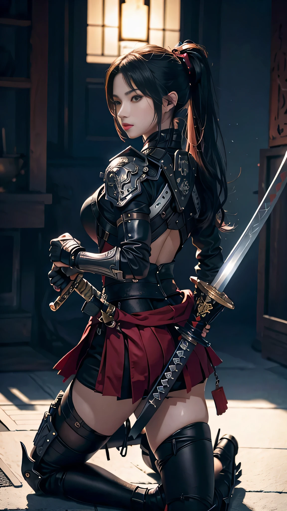 a woman kneeling down with a sword in her hand,very beautiful cyberpunk samurai,she is holding a katana sword,unsheathing her katana,she is holding a sword,ornate korean polearm behind her, realistic anime 3D style, cgsociety 9,2.5D cgi anime fantasy artwork, 3 d anime realistic.pose beautiful.redAssassin.Standing and sitting with his hands on his knees, Carry the sword on your shoulder.(Stand with your arms crossed over your chest, your back against the wall).hair white.ta fantasy.