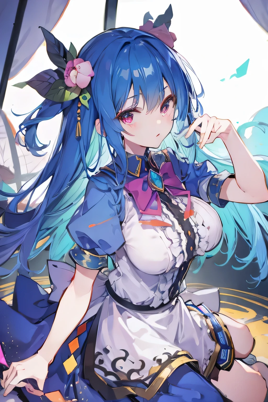 (masterpiece),best quality, expressive eyes, perfect face, 1girl,
big breasts, H cup, Good breasts, Put your hands on your waist,Fair, Gorgeous,japanese manga,girl,Laura,young angel, blue hair, blue haired,tent , tent chest, tent breast, floating clothes,grab your waist, grab your waist