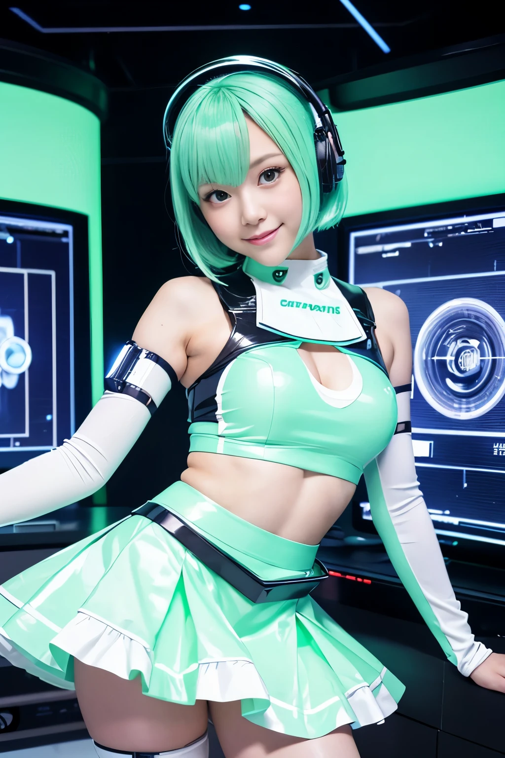 (highest quality, High resolution, masterpiece:1.2), Super detailed, realistic:1.37, (perfect anatomy),1 girl, actress, cowboy shot, Cute and beautiful Japanese girl's body,super cute face, (Modified into a cyber idol:1.2),standing posture,laughter,beautiful eyes,beautiful skin,(Futuristic and cute white and mint green tight-fitting shiny cyber idol costume and skirt:1.2), attractive idol makeup,short hair,Straight hair,cute pose,The background is the interior of the cyborg operating room and the monitor screen..