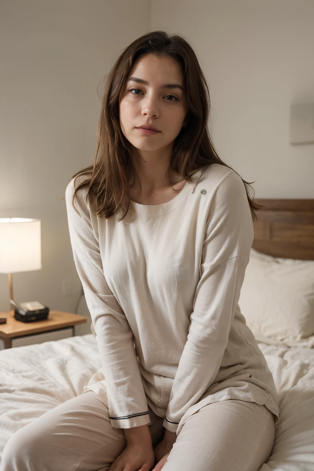 brunette woman in a bedroom dressed simply