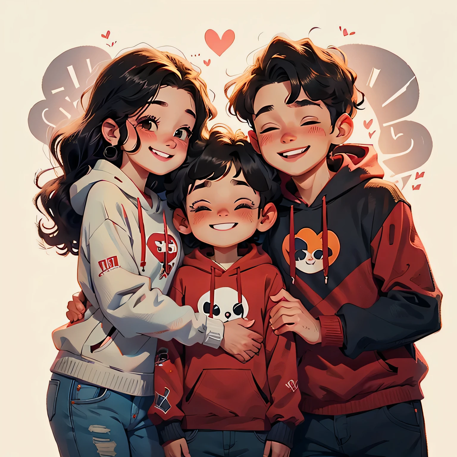 Mom and dad smiling and hugging cute boy, black hair, long eyelashes, curls, red hoodie，three people