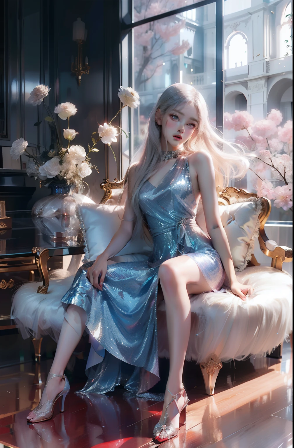 Top quality work,Photorealistic works,Ultra Premium Graphics,8K HD CG works,High-quality graphics,High-definition fine CG works,10x pixel,Ultra-fine details:1.1,Advanced technical details:1.1Photographically realistic,Indoor lighting effects:1.5,Natural light:1.5. light effect(Virtual Light Effects:1.8),超A high resolution,Shiny Blue Dress,Long silver hair,Silver hair,Transparent hair,High Detail Hair(Premium Hair Detail:1.1)Clear eyes,Good looking double eyelids,Sharp eye makeup, Delicate makeup for eyelashes, Thin eyebrows, ultradetailed eyes,High Nose, lovely red lips, Rose cheeks, Face with delicate makeup , Pretty Face, A perfectly proportioned face,(Advanced facial details:1.1)Collection of shiny blue luxury dresses,Blue Sequin Dresses,Sequin coat,shiny,Tight long skirt,Summer Sexy Hip Wrap Fishtail Sleeveless Commuter Maxi,Horse Stockings 100%Oil Gloss Panst Gloss Silk Luster 8D Black Silk Woman,stiletto heelitts,Beautiful long dresses,wonderful dress,Bright Red Series,Haute Couture Dresses Collection,Dress Photography,Authentic dress works,In the banquet hall,Women's Artwork,full-body view,Goddess of Dress,Realism,amazing,Today's eyes are bright