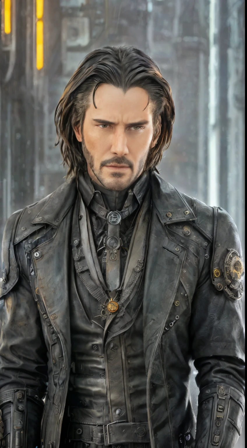 depressed attractive cybernetic man looking down, (steampunk cyborg:1.2), (intricate details), hdr, (intricate details, hyperdetailed:1.2), stark lighting, facing away from camera, hyperrealism, side shot, portrait, torso, hyperdetailed real human hair, (closed eyes), worn leather jacket, skin pores, hyperdetailed perfect real human skin, hyperdetailed face, tensorfunk