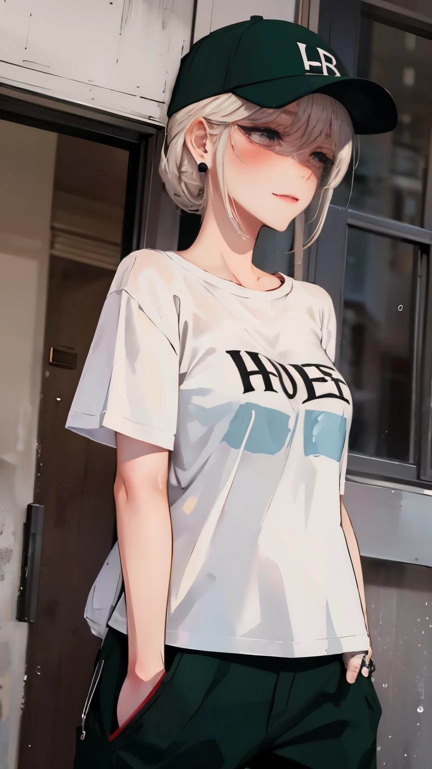 super resolution,
(realistic:1.3),
(1 slim girl), stylish girl, fashion,
young face, blush, (evil smile),
(slim) thigh,
baseball cap, earrings,
(black t-shirt), (baggy cargo pants),
gravure,
Rainy streets