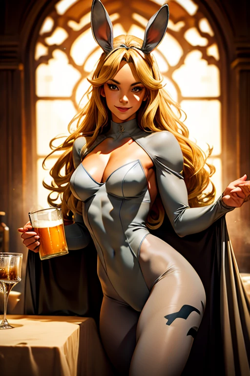 best quality, 8k, woman,blonde,beautiful,big eyelashes, little smile, looking to observer, cleavage,rabbit ears tiara,gray militar camouflage leotard over beige bodystocking, holding one beer glass