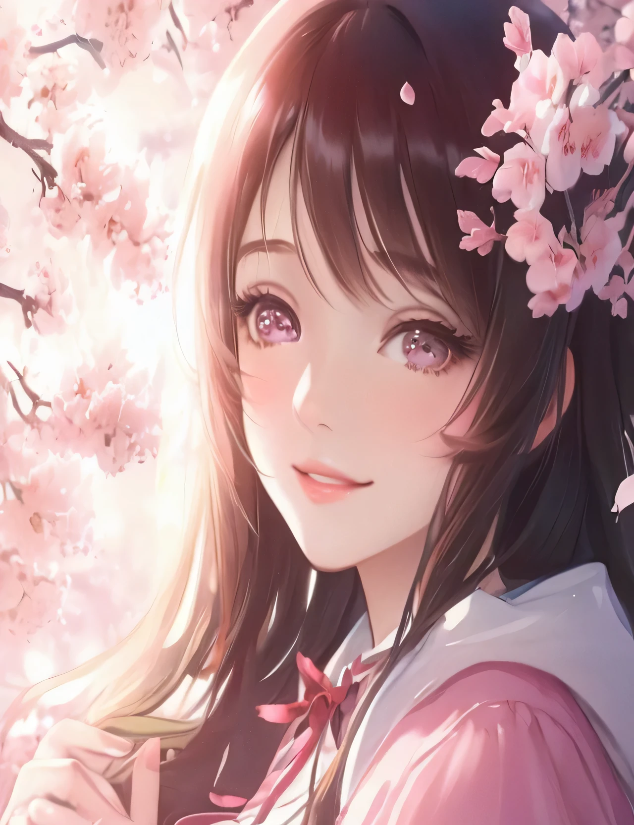 Anime girl in a pink dress with pink flowers in her hair, anime style 4k, beautiful anime portrait, anime art wallpaper 4k, anime art wallpaper 4k, anime wallpaper 4k, anime wallpaper 4k, cute anime girl portraits, beautiful anime girl, 4k anime wallpaper, beautiful anime face, cute anime girl portrait, cute realistic portrait, digital anime art