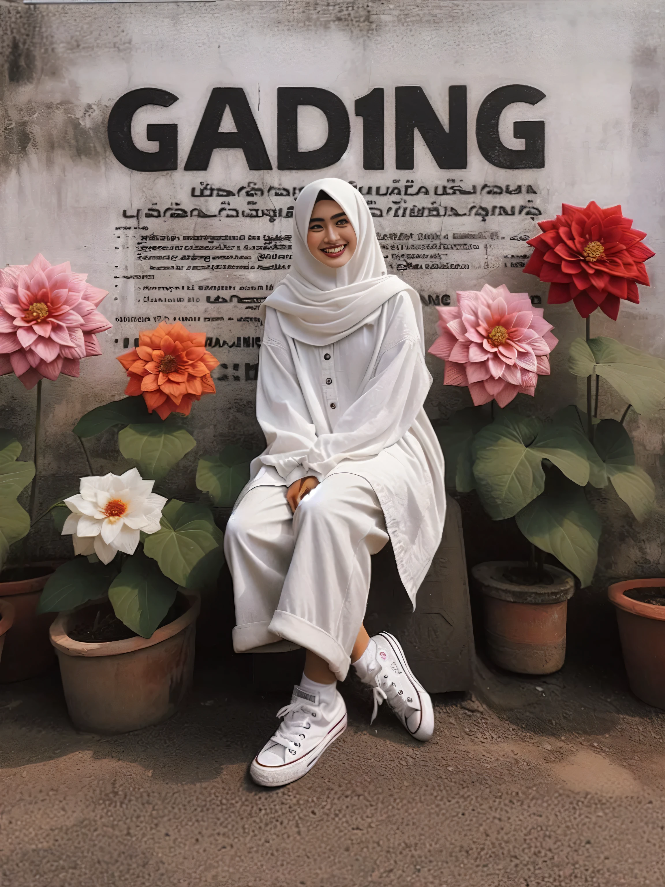 there is a woman sitting on a bench in front of a sign, wearing white clothes, white hijab, in garden, inspired by Shaddy Safadi, inspired by Naza, full body photogenic shot, hijab, garis edelweiss, all white, wearing casual clothes, white outfit, easygoing, in white clothes, wearing casual clothing, chilling
