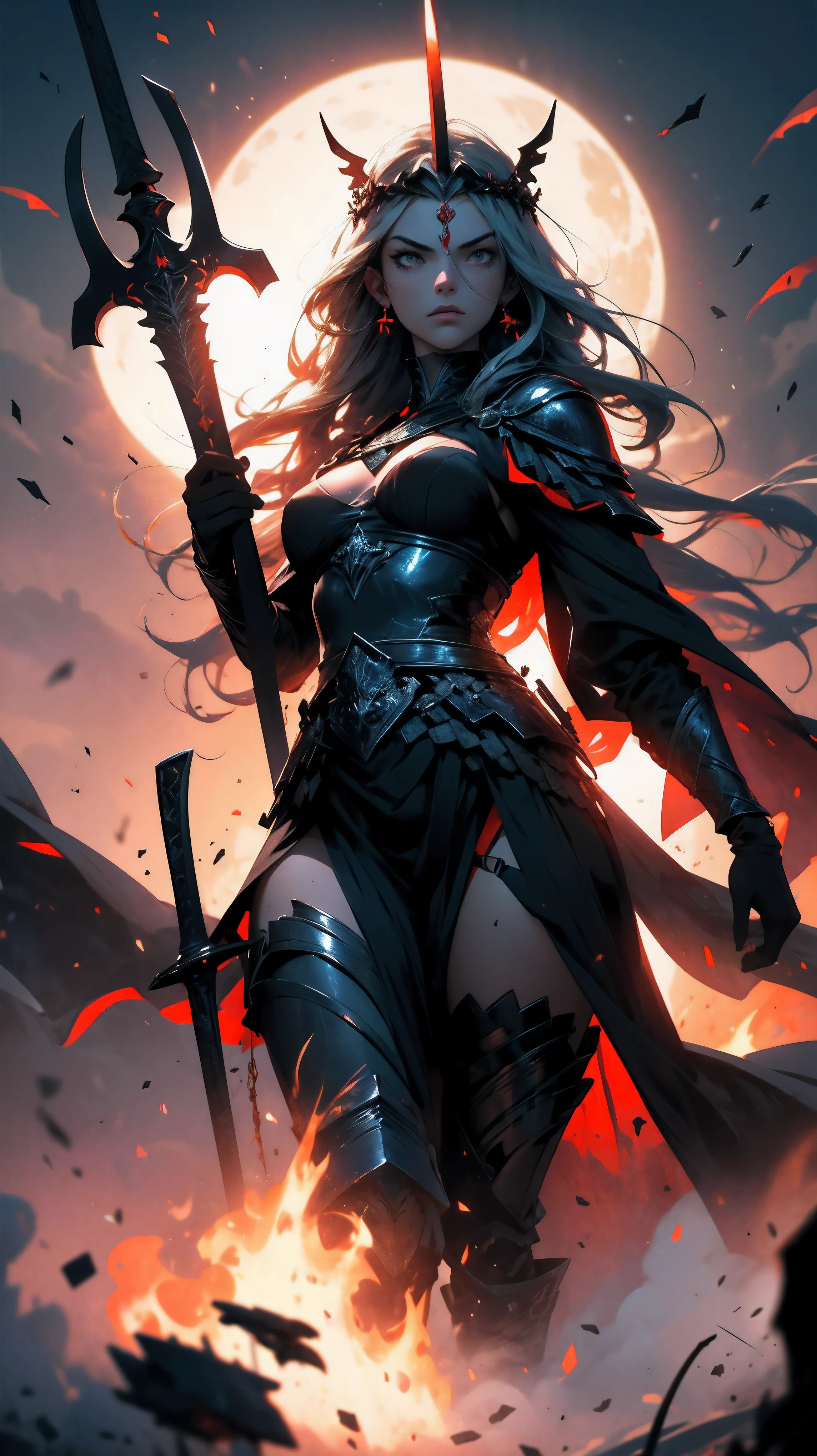 large silhouette of the goddess of war in the air with bloody sword in her hand, Best quality, masterpiece, super high resolution, (realism: 1.4), vast field, dead warriors bodies lying on the field, corpses, dark colors, gloomy, grim, foggy