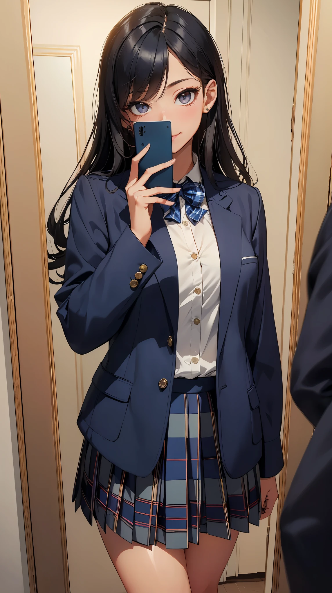 concept:woman taking a selfie. quality:(最高quality, 4k, High resolution, masterpiece:1.2), Super detailed, (real, photorealistic:1.37). illumination:Bright colors, Bright colors and mesmerizing effects, (warm sunshine), 柔らかく繊細なillumination, gentle shine, Lens flare, Beautiful and gentle atmosphere throughout the scene. Subject information:alone, ((young woman)), (round eyes), (small face), (high detail skin:1.2), long eyelashes, glossy lips, (Black hair with a brown tinge, long wavy hair, colorful eyes), (slim body shape, happy expression), (((in front of the mirror))), ((Shoot with a smartphone:1.2)), (Staring eyes:1.5, pose for a photo), (((high school uniform:1.2, dark blue jacket, open jacket, white shirt, deep blue plaid skirt, seductive thighs))), smile, Happy, Charm. Other details:Selfie through the mirror, reflected in a full-length mirror, realなレンダリング, natural pose, Charmなsmile, fun connections, exquisite texture, perfect composition, happy moment, beautiful skin, shiny skin, perfect fingers, five fingers, anatomically correct, smartphone photography.