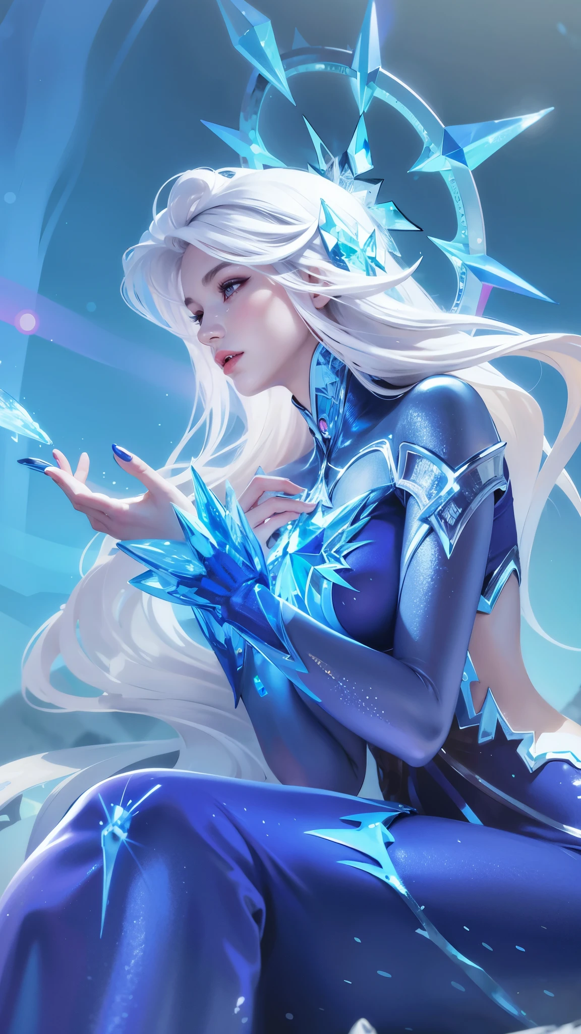 there is a woman in a blue dress sitting on a rock, ice sorceress, queen of ice and storm, ice mage, crystalline skin, ice queen, crystal maiden, beautiful ancient frost witch, ice spell, goddess of winter, extremely detailed artgerm, artgerm detailed, ig model | artgerm, artgerm. high detail