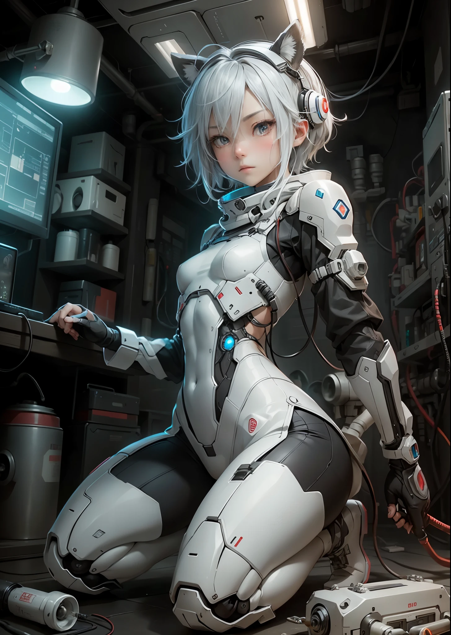 A man with an old robot body、(one old hero)、Squatting down with one knee up、70 years old、white carbon fiber skeleton、(silver short hair:1.5)、Body composed of a small control motor, cylinder and pipe、A smooth thoracic cable and tube connects the body to the control panel。、movie lighting、Many pilot lights are lit、(The entire area is occupied by a control panel:1.3)、