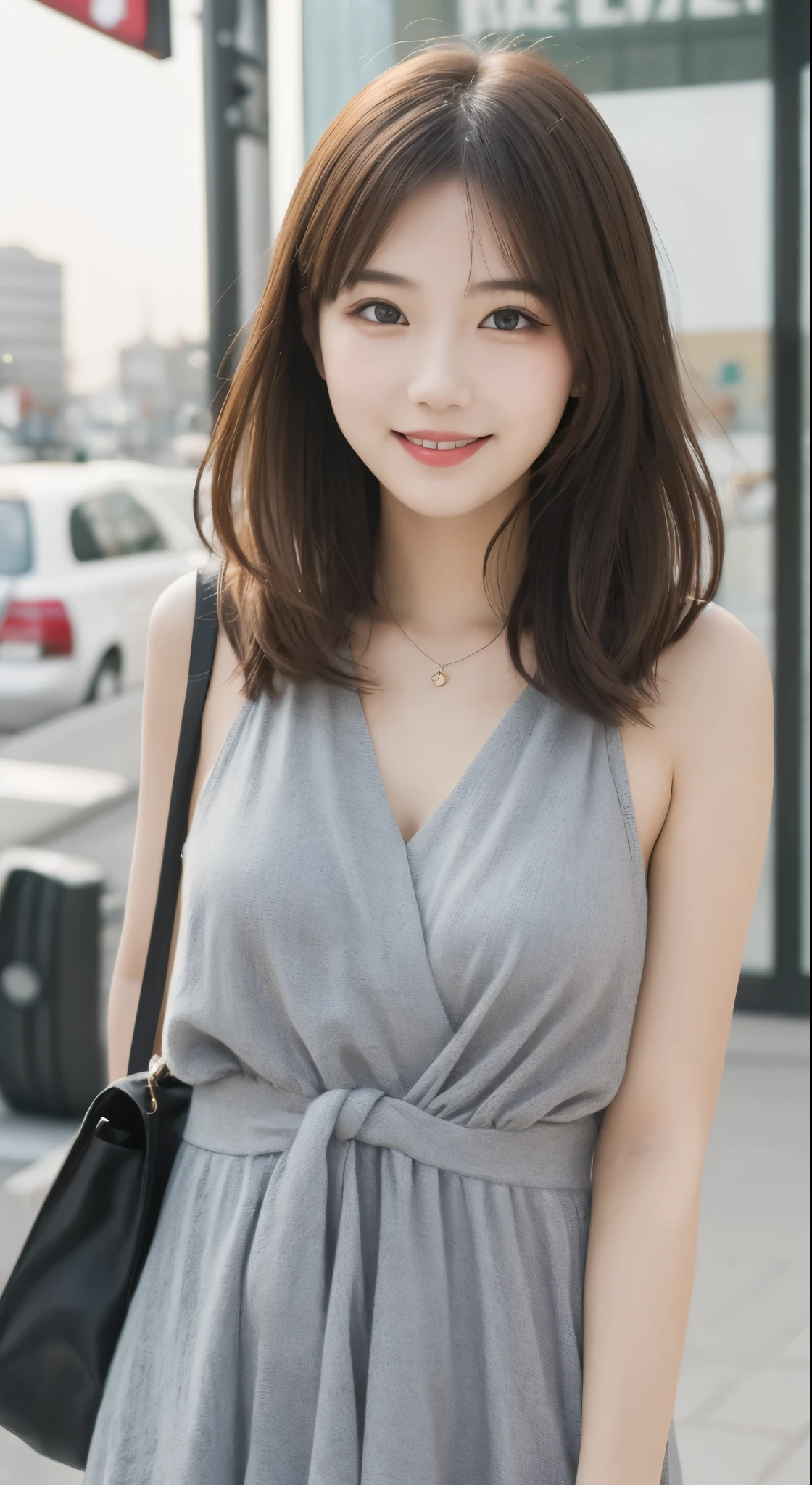table top, highest quality, shape, Super detailed, finely, High resolution, 8k wallpaper, 完璧なダイナミックな構shape, finelyて美しい目, ladies fashion summer,medium hair,natural color lip,smile,Harajuku、20 year old girl、cute、sexy shot looking at camera、sexy dress