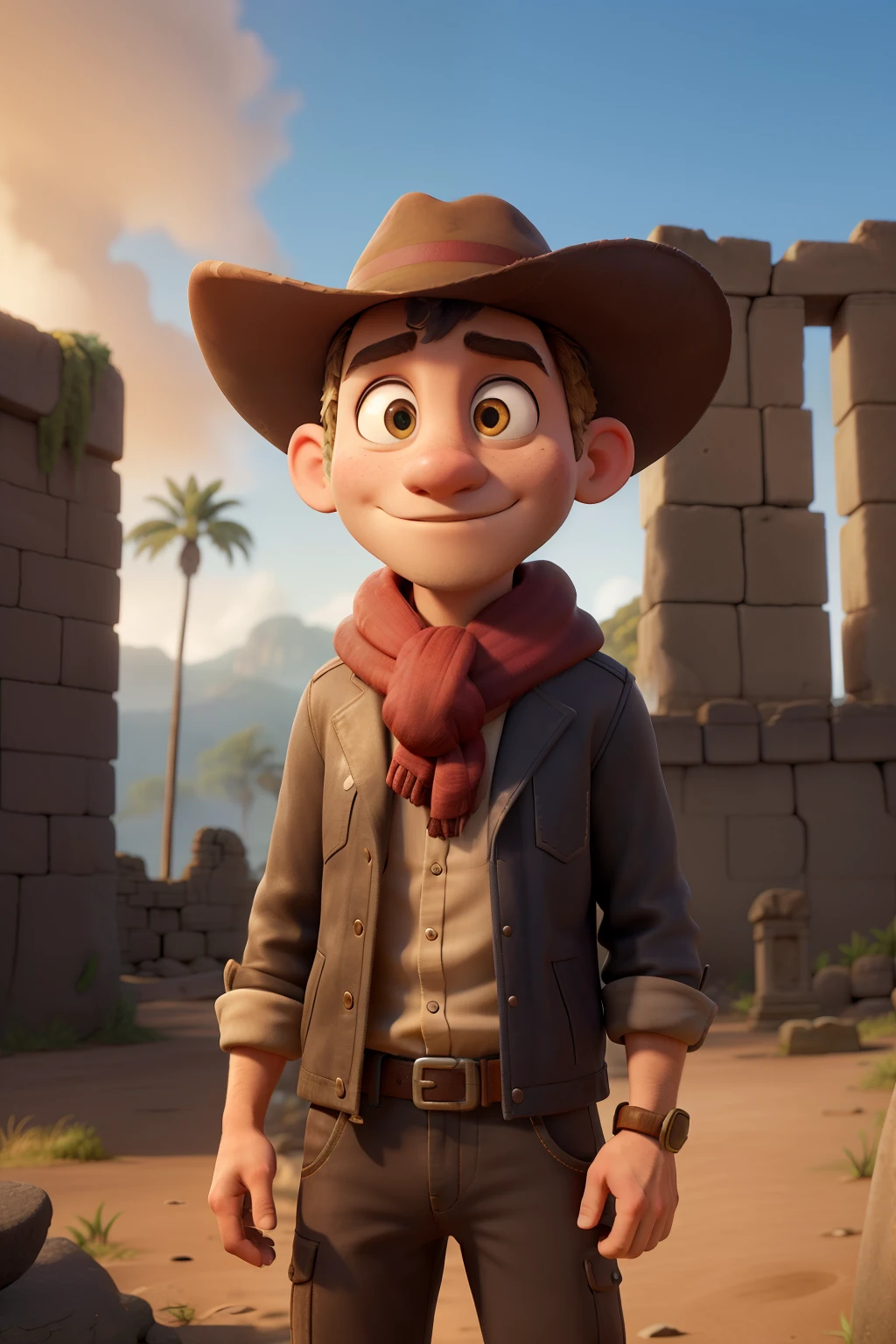 Imagine an intrepid character, dressed in a fedora hat, weather-worn leather jacket and a scarf around the neck. This fearless adventurer is in the heart of an exotic landscape, surrounded by ancient ruins and dense jungle. He holds an old map in one hand while holding a compass in the other., indicating your spirit of exploration and determination. The sun sets in the background, casting a golden light over the mysterious ruins, creating dramatic shadows. The adventurer looks at the horizon with an expression of determination mixed with a hint of mystery and excitement. This image captures the essence of the adventurous spirit without using specific elements of protected intellectual property.




