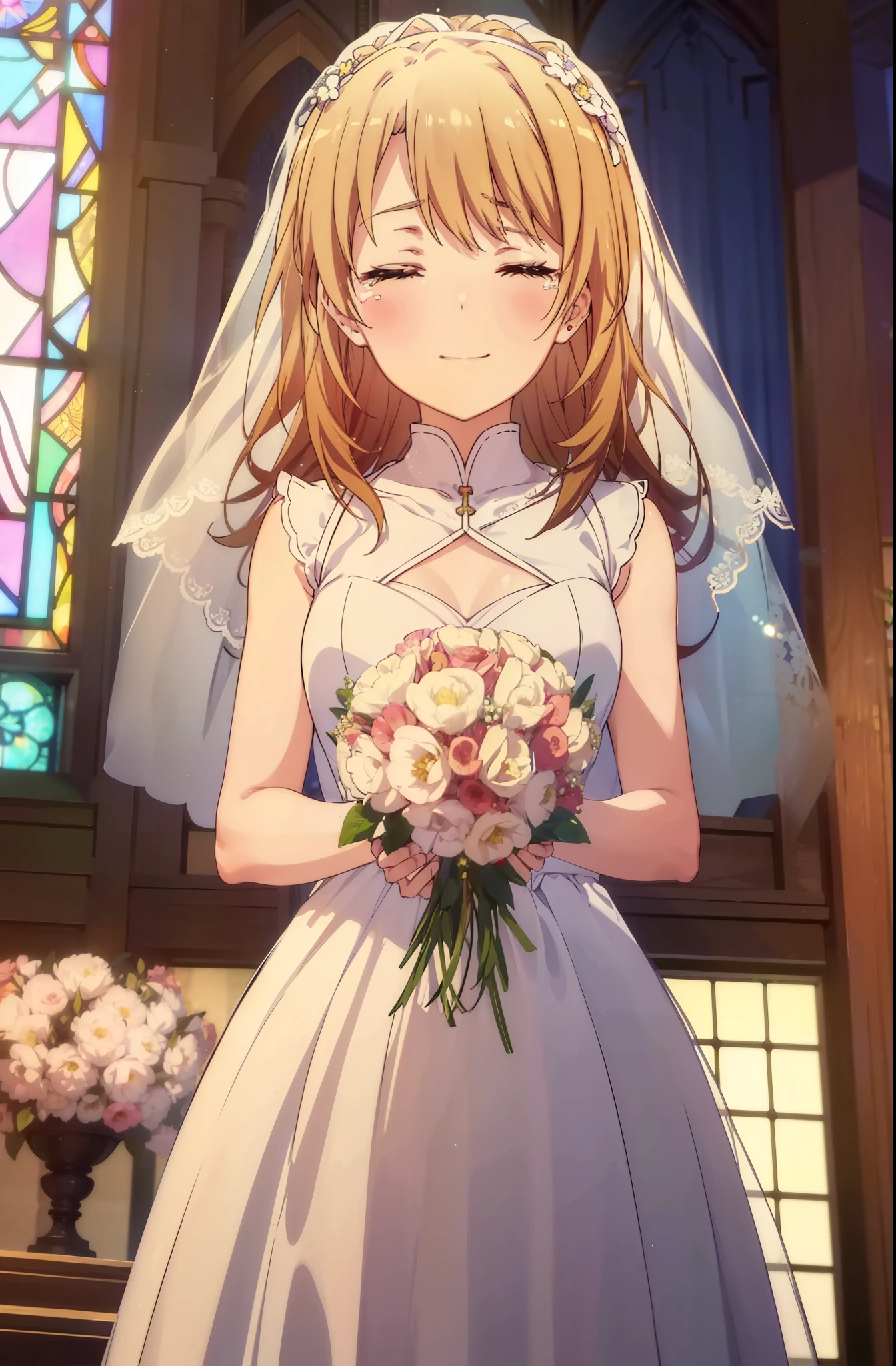 irohaisshiki, iroha isshiki, long hair, brown hair, open your mouth,smile,happy atmosphere,Please close your eyes and cry,tears run down her face,tears of joy,blush,smile,large pale stained glass,Light of the sun,chapel,marriage,church,Wedding dress,veil,Wedding Skirts,bouquet,bouquetトス,Holding a big bouquet in both hands,happy atmosphere,Hanabubuki,marriage式, break indoors, chapel, church,
break (masterpiece:1.2), highest quality, High resolution, unity 8k wallpaper, (shape:0.8), (highly detailed face, perfect lighting, Very detailed CG, (perfect hands, perfect anatomy),