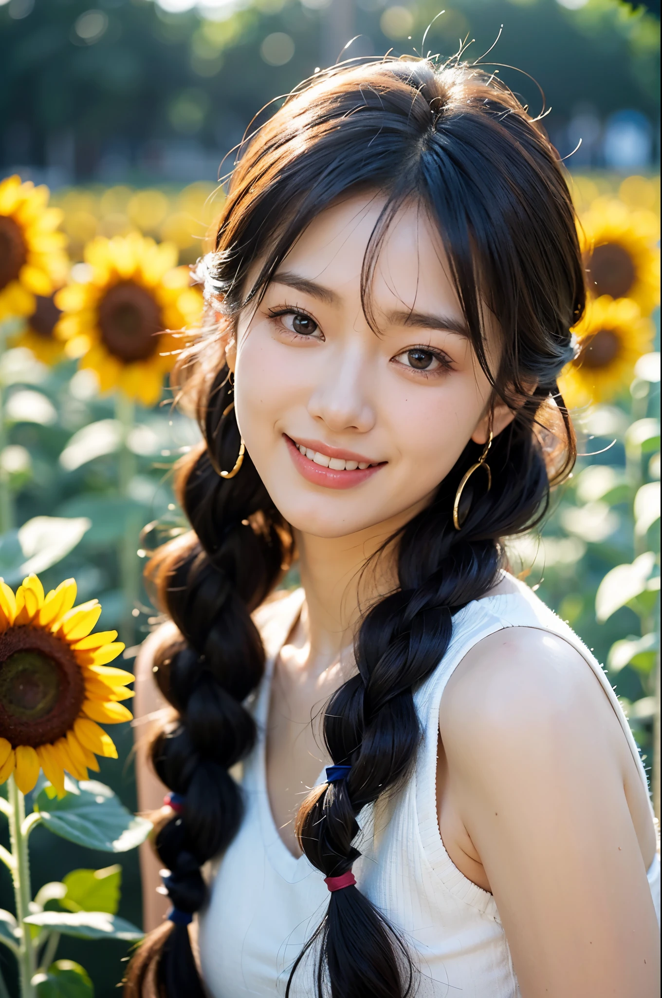 Arapé girl with long hair and braids in sunflower field, beautiful sunflower anime girl, 아름다운 Korean woman, Cute and lovely Korean face, Young and lovely Korean face, sunflowers on background, Beautiful young Korean woman, Korean woman, young cute white asian face, smile kindly, Best Face, resin drainage, Stunning young Korean woman, cute korean actress
