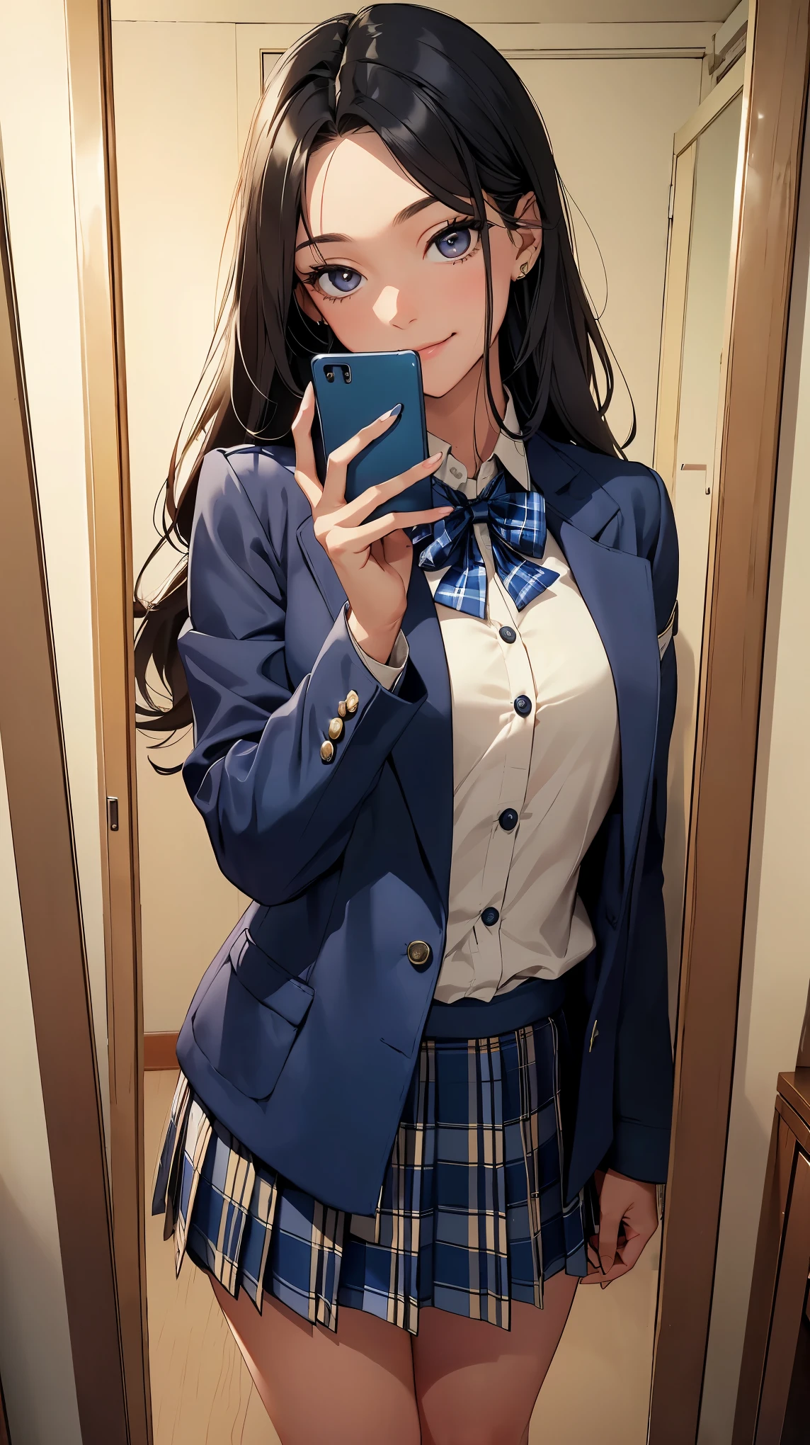 concept:woman taking a selfie. quality:(最高quality, 4k, High resolution, masterpiece:1.2), Super detailed, (real, photorealistic:1.37). illumination:Bright colors, Bright colors and mesmerizing effects, (warm sunshine), 柔らかく繊細なillumination, gentle shine, Lens flare, Beautiful and gentle atmosphere throughout the scene. Subject information:alone, ((young woman)), (round eyes), (small face), (high detail skin:1.2), long eyelashes, glossy lips, (Black hair with a brown tinge, long wavy hair, colorful eyes), (slim body shape, happy expression), (((in front of the mirror))), ((Shoot with a smartphone:1.2)), (Staring eyes:1.5, pose for a photo), (((high school uniform:1.2, dark blue jacket, open jacket, white shirt, deep blue plaid skirt, seductive thighs))), smile, Happy, Charm. Other details:Selfie through the mirror, reflected in a full-length mirror, realなレンダリング, natural pose, Charmなsmile, fun connections, exquisite texture, perfect composition, happy moment, beautiful skin, shiny skin, perfect fingers, five fingers, anatomically correct, smartphone photography.