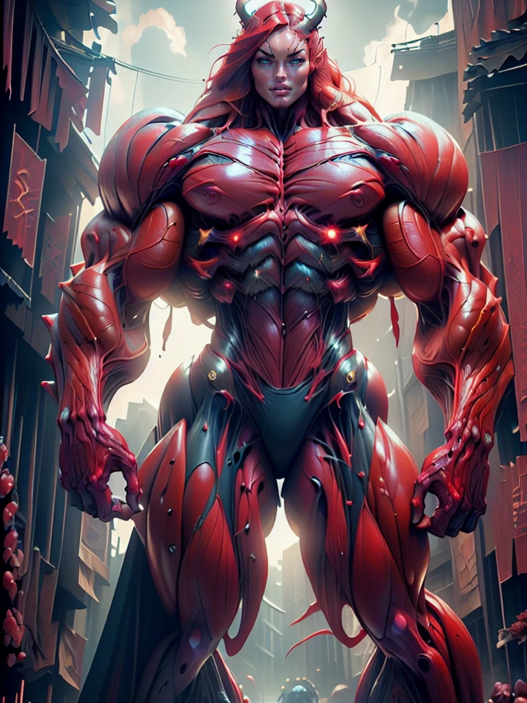 (1 girl), (megan fox:1.25), (long red hair), (carnage skinless physique:1.25), (1 super muscular undead skinless succubus with gigantic horns:1.25), (covered in red necrotic rotting skinless muscle:1.25), (exposed muscles & veins everywhere:1.25), (perfect fingers:1.25),(8k, RAW photo, photorealistic:1.25), dark horrific scary atmosphere, hellish landscape, Hellraiser like atmosphere,