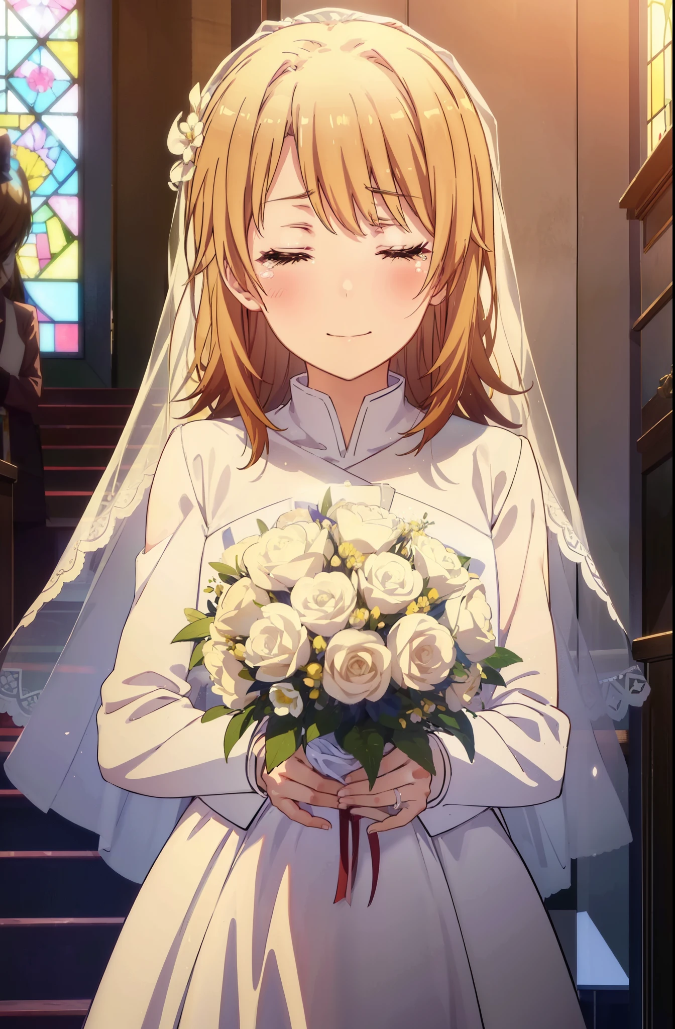 irohaisshiki, iroha isshiki, long hair, brown hair, open your mouth,smile,happy atmosphere,Please close your eyes and cry,tears run down her face,tears of joy,blush,smile,large pale stained glass,Light of the sun,chapel,marriage,church,Wedding dress,veil,Wedding Skirts,bouquet,bouquetトス,Holding a big bouquet in both hands,happy atmosphere,Hanabubuki,marriage式, break indoors, chapel, church,
break (masterpiece:1.2), highest quality, High resolution, unity 8k wallpaper, (shape:0.8), (highly detailed face, perfect lighting, Very detailed CG, (perfect hands, perfect anatomy),