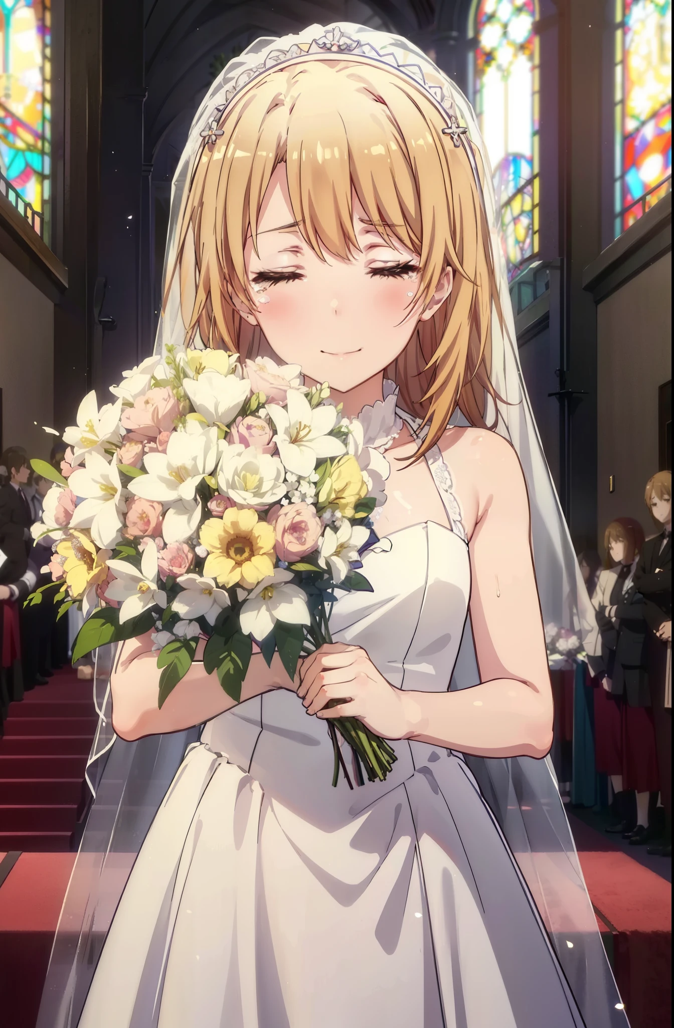 irohaisshiki, iroha isshiki, long hair, brown hair,  open your mouth,smile,happy atmosphere,Please close your eyes and cry,tears run down her face,tears of joy,blush,smile,large pale stained glass,Light of the sun,chapel,marriage,church,Wedding dress,veil,Wedding Skirts,bouquet,bouquetトス,Holding a big bouquet in both hands,happy atmosphere,Hanabubuki,marriage式,　　　　　　　　　　　　　　　　　　　　break indoors, chapel, church,
break (masterpiece:1.2), highest quality, High resolution, unity 8k wallpaper, (shape:0.8), (highly detailed face, perfect lighting, Very detailed CG, (perfect hands, perfect anatomy),