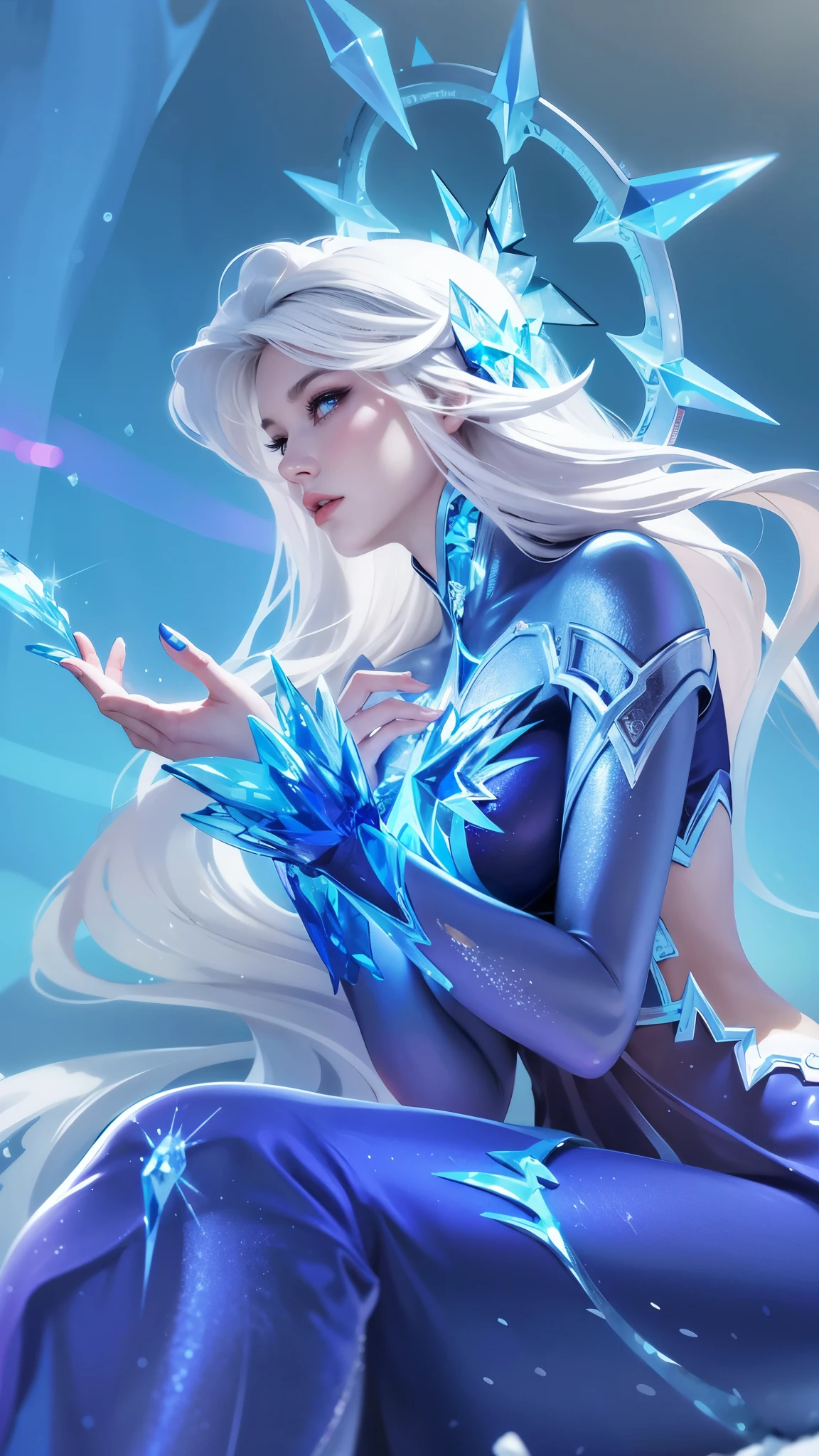 there is a woman in a blue dress sitting on a rock, ice sorceress, queen of ice and storm, ice mage, crystalline skin, ice queen, crystal maiden, beautiful ancient frost witch, ice spell, goddess of winter, extremely detailed artgerm, artgerm detailed, ig model | artgerm, artgerm. high detail