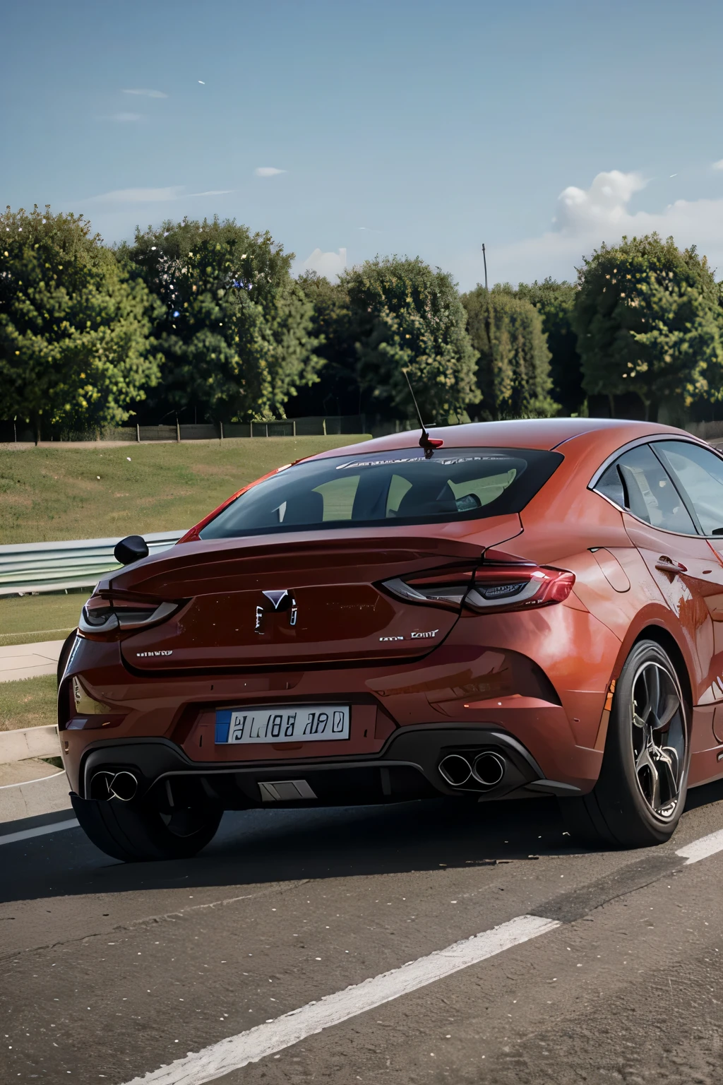 "Une voiture de course rouge vif, streamlined and agile, repose sur ses pneus bas profil, ready to hit the trail. Its bodywork is sculpted with precision, with aerodynamic lines that evoke speed and performance. Des ailes arrière imposantes fournissent une adhérence supplémentaire tandis que le capot est orné de prises d'air agressives, assurant un flux d'air optimal vers le moteur suralimenté. Les phares étroits et angulaires projettent une lueur déterminée, tandis que l'arrière de la voiture est marqué par un large diffuseur et un double échappement, testifying to his raw power. En somme, cette voiture de course incarne la fusion parfaite de la forme et de la fonction, ready to dominate on the track with her imposing presence and indomitable allure