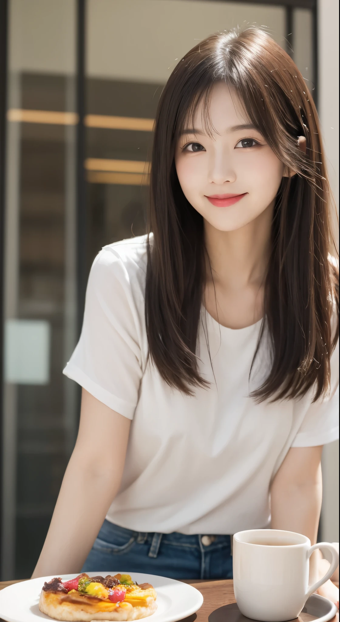 table top, highest quality, shape, Super detailed, finely, High resolution, 8k wallpaper, 完璧なダイナミックな構shape, finelyて美しい目, ladies fashion summer,medium hair,natural color lip,smile,Harajuku、20 year old girl、cute、sexy shot looking at camera、(breakfast:1.2)